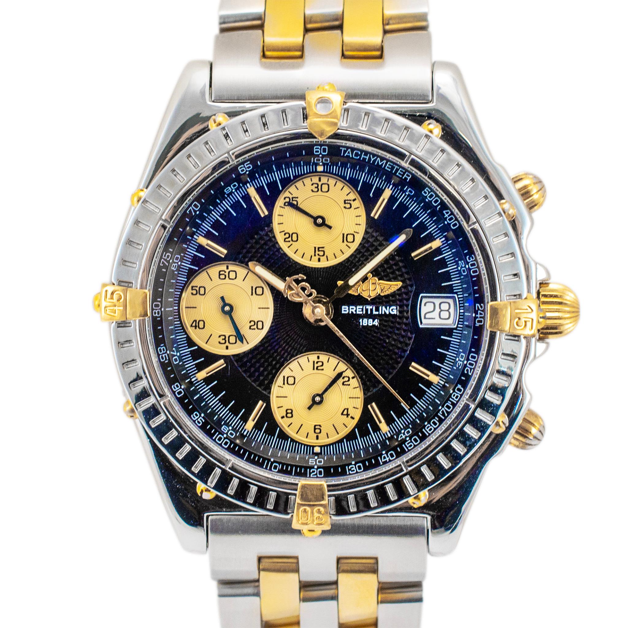 Brand: Breitling 

Gender: Unisex

Metal Type: Stainless Steel

Diameter: 39.00 mm

Weight: 160.82 grams

One stainless steel BREITLING Swiss-made watch. The metal was tested and determined to be stainless steel. The 
