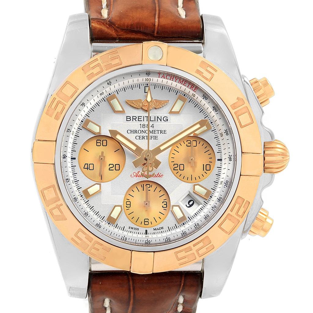 Men's Breitling Chronomat 41 Chrono Steel Rose Gold Silver Dial Watch CB0140 For Sale