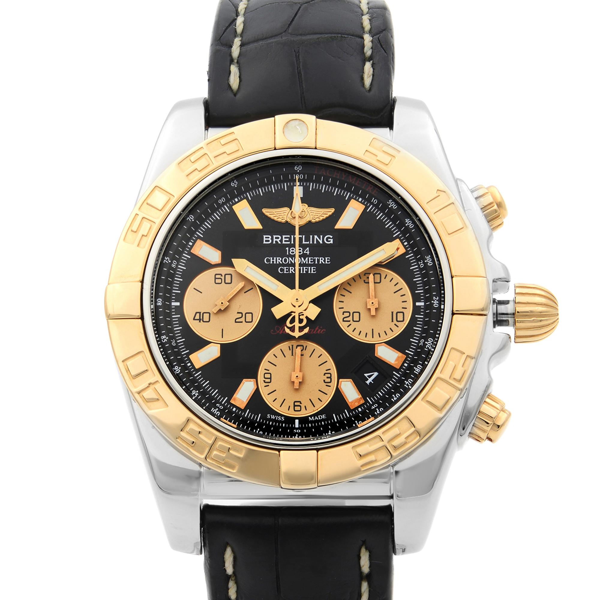 This pre-owned Breitling Chronomat CB014012/BA53-729P is a beautiful men's timepiece that is powered by mechanical (automatic) movement which is cased in a stainless steel case. It has a round shape face, chronograph, date indicator, small seconds