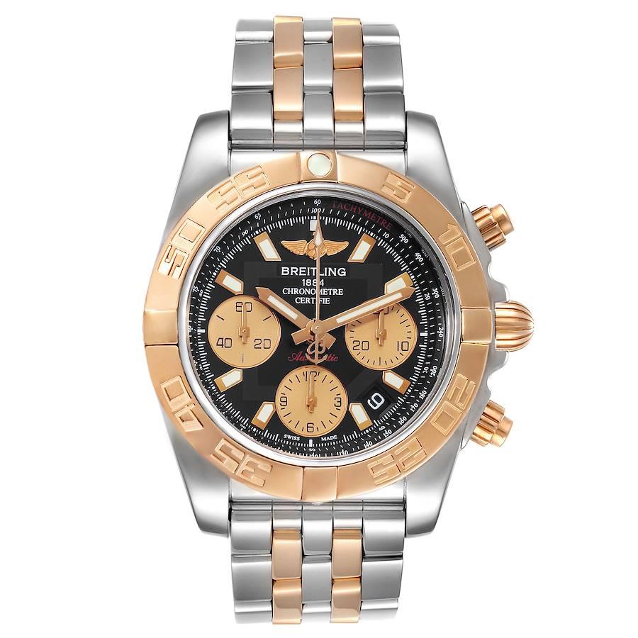 Breitling Chronomat 41 Steel Rose Gold Black Dial Watch CB0140. Self-winding automatic officially certified chronometer movement. Chronograph function. Stainless steel and 18K rose gold case 41.0 mm in diameter. 18k rose gold crown and pushers. 18k