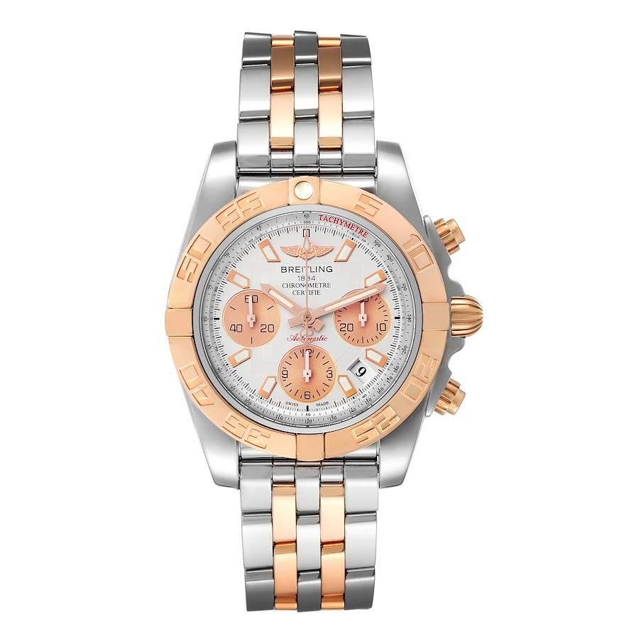 Breitling Chronomat 41 Steel Rose Gold Silver Dial Mens Watch CB0140 Box Card. Automatic self-winding officially certified chronometer movement. Chronograph function. Stainless steel and 18K rose gold case 41.0 mm in diameter. 18k rose gold