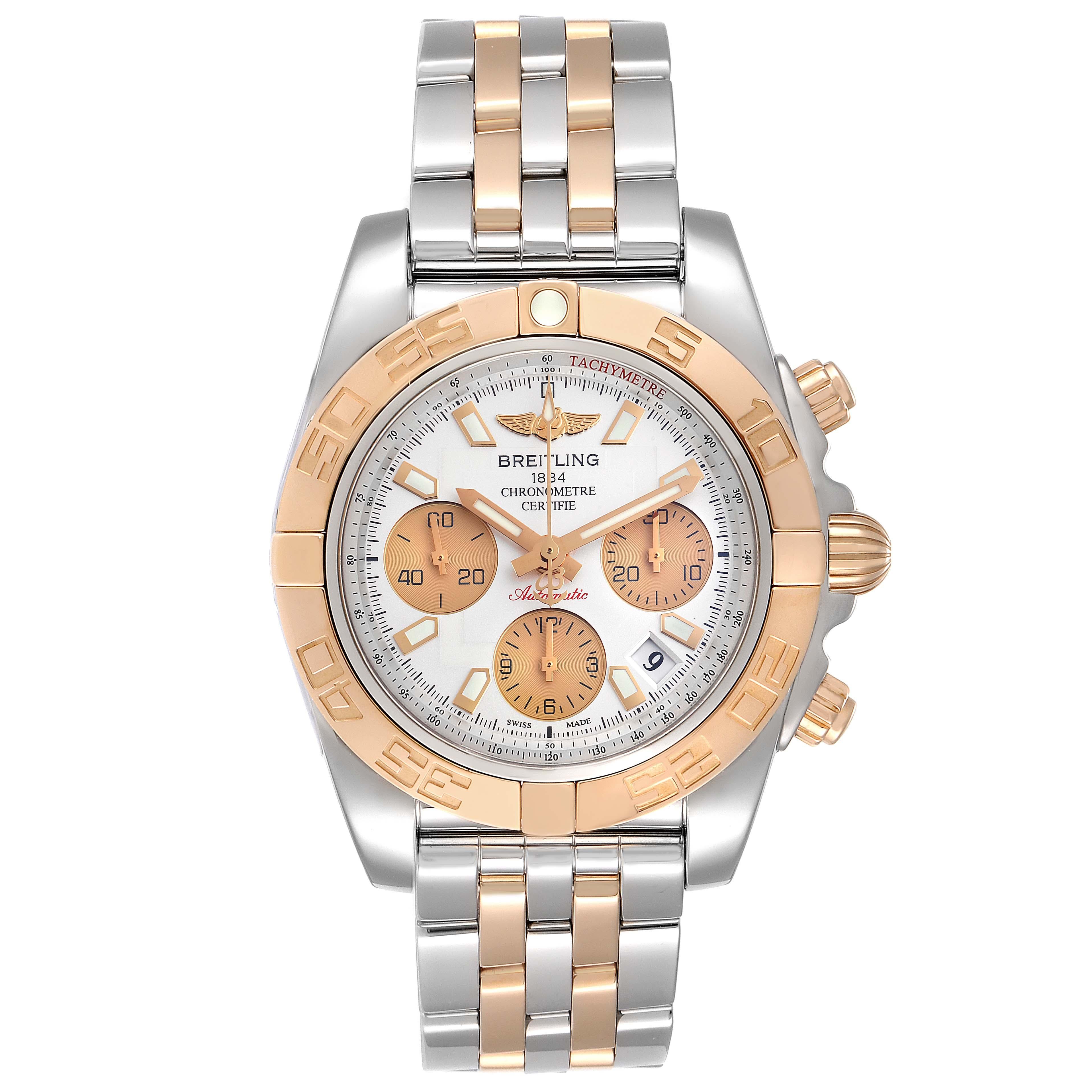 Breitling Chronomat 41 Steel Rose Gold Silver Dial Watch CB0140 Box Papers. Self-winding automatic officially certified chronometer movement. Chronograph function. Stainless steel and 18K rose gold case 41.0 mm in diameter. 18k rose gold crown and