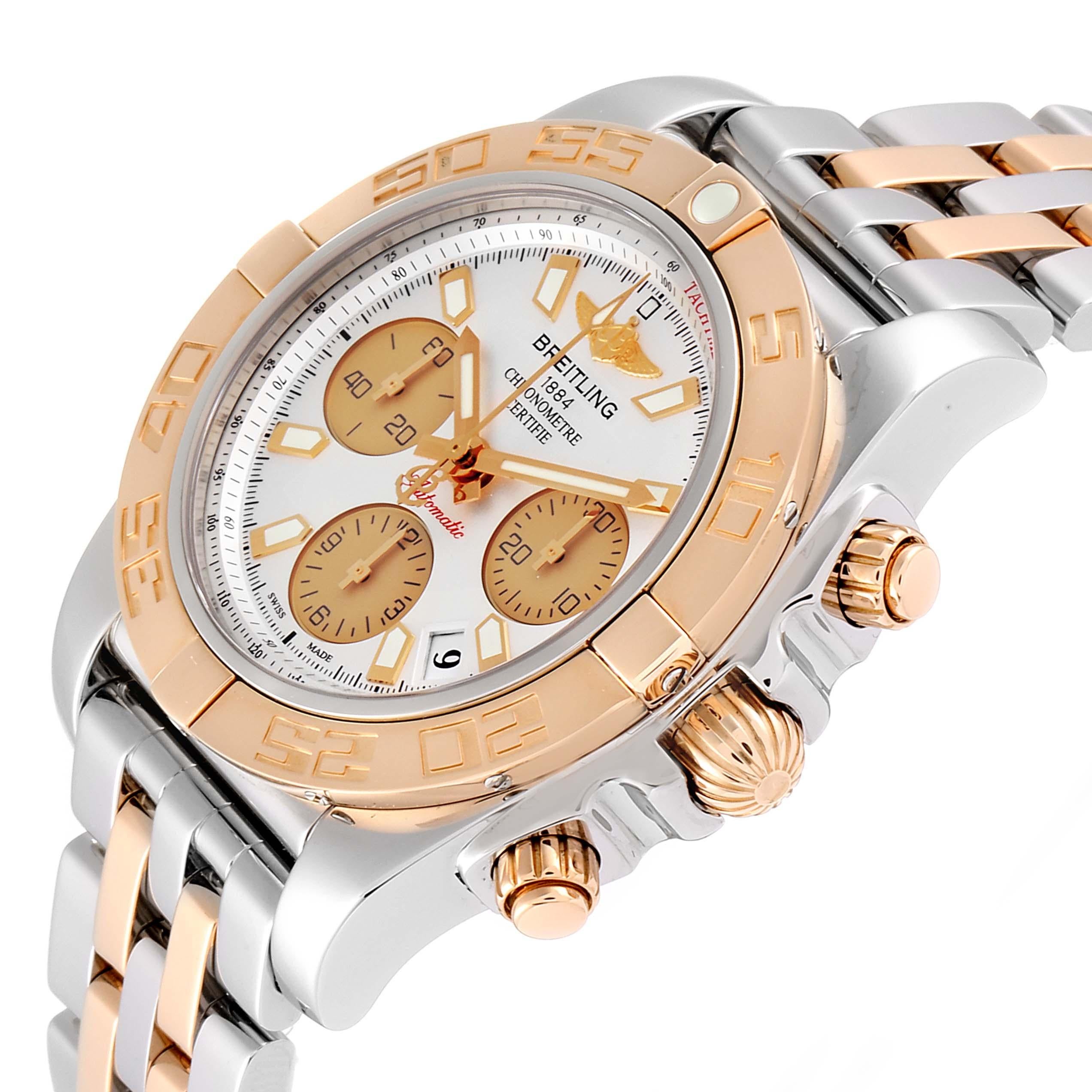 Breitling Chronomat 41 Steel Rose Gold Silver Dial Watch CB0140 Box Papers In Excellent Condition In Atlanta, GA
