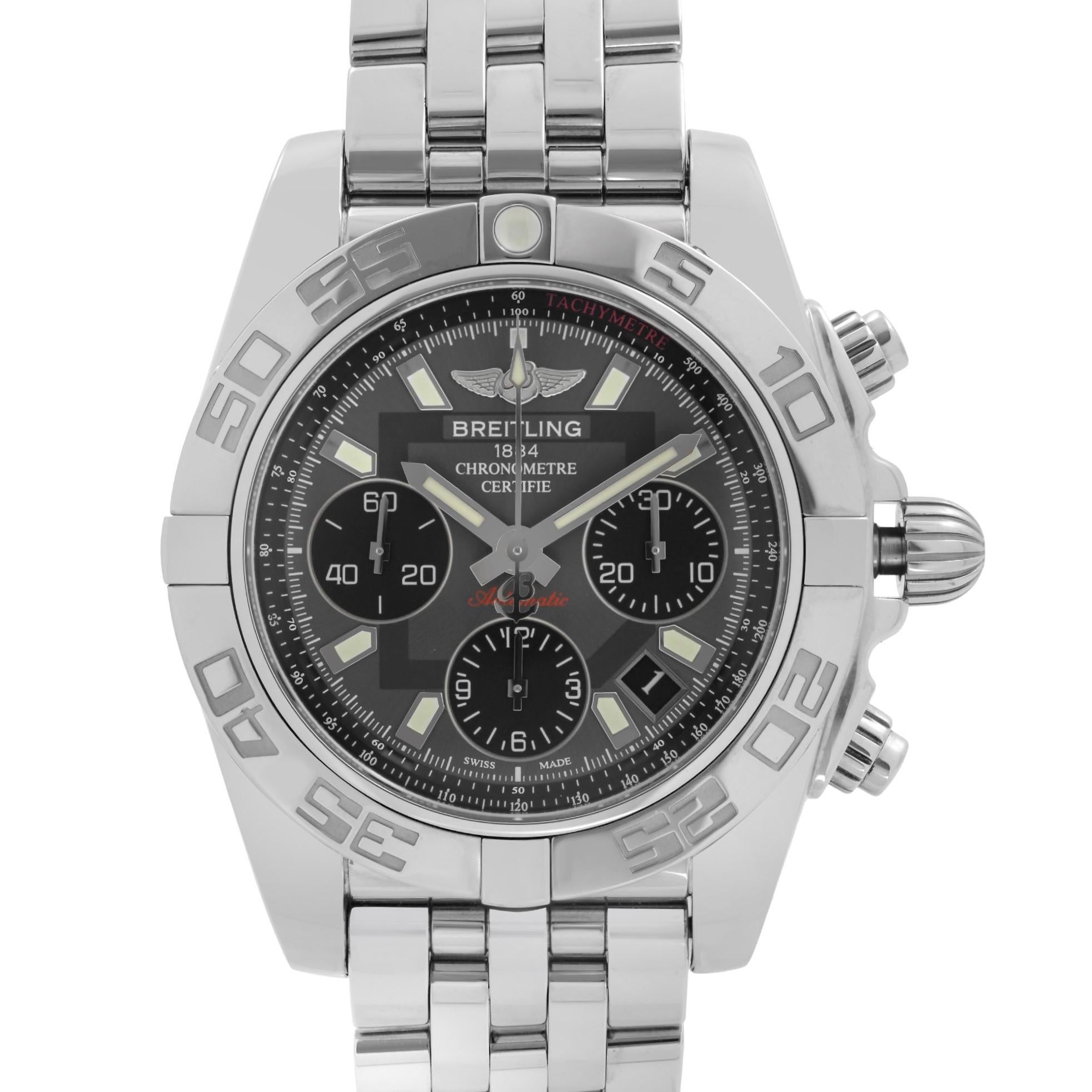 Never Worn Breitling Chronomat 41mm Steel Gray Dial Men's Watch AB014012-F554-378A. This Beautiful Timepiece Features: Stainless Steel Case and Bracelet, Uni-Directional Rotating Stainless Steel Bezel, Gray Dial with Luminous Silver-Tone Hands, And