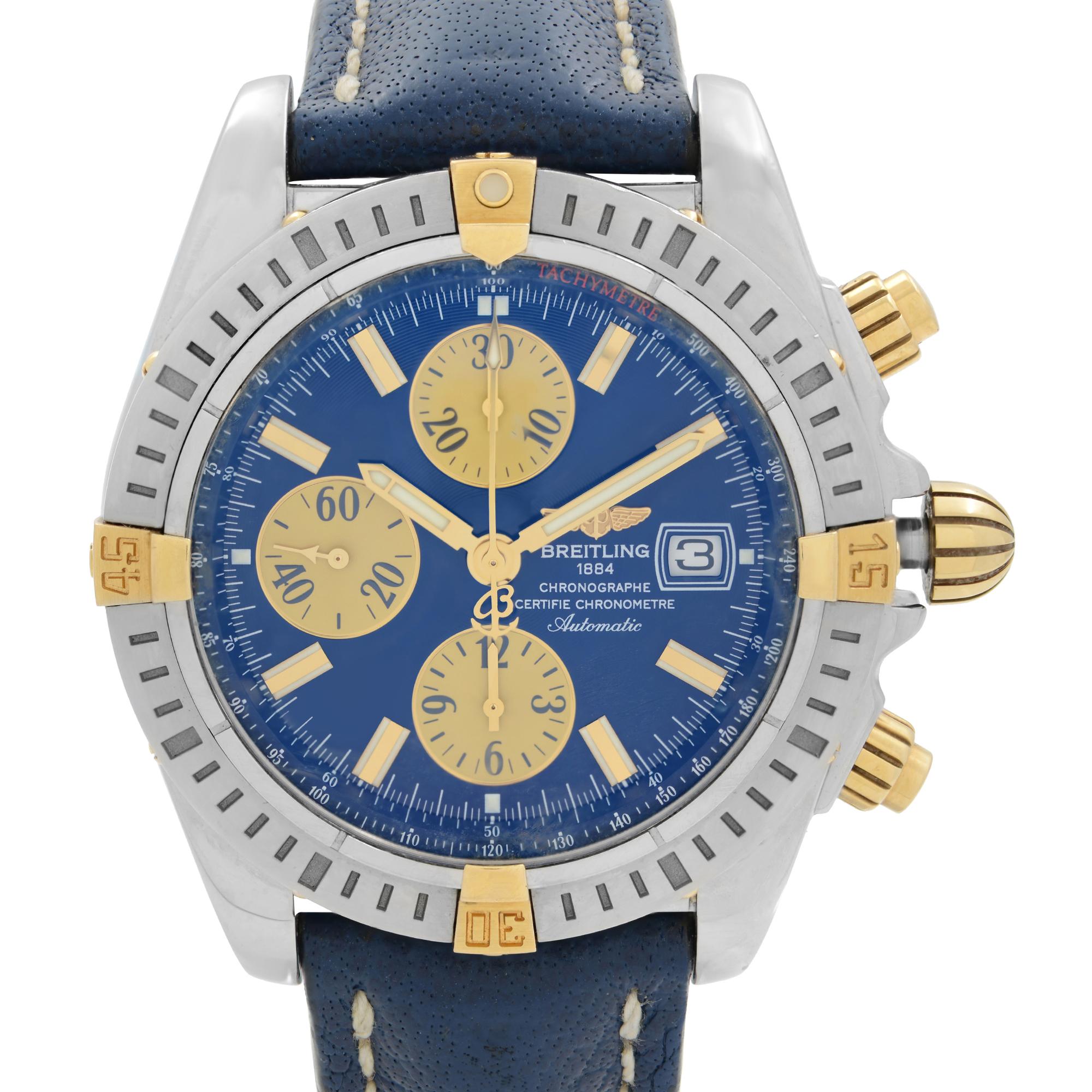 Pre-Owned Breitling Chronomat 43mm 18k Yellow Gold Stainless Steel Chronograph Blue Dial Men's Automatic Watch B1335611. This Watch was Produced in 2005-2007. The Timepiece is powered by an Automatic movement. Features: Polished Stainless Steel case