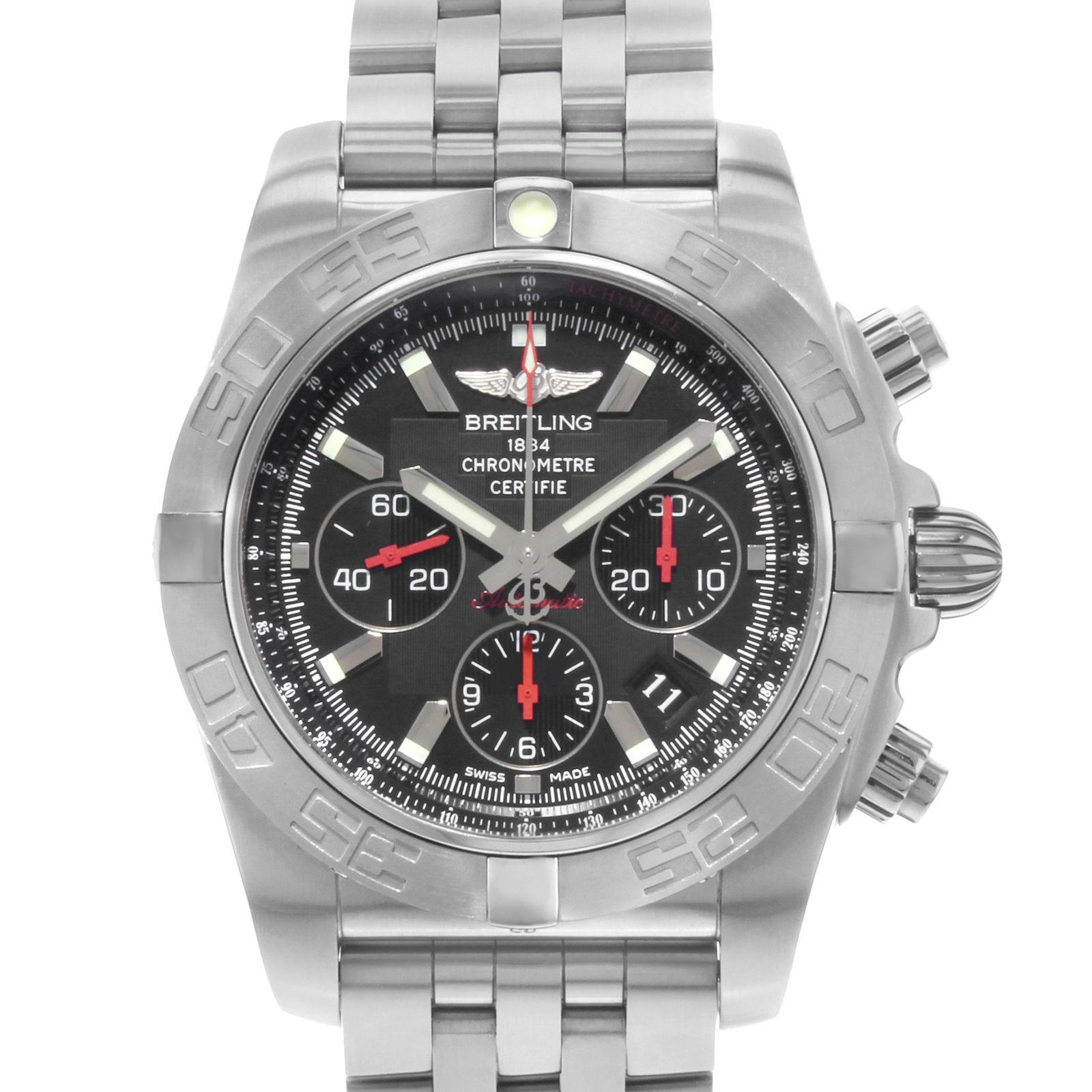 (18397)
This display model Breitling Chronomat AB011110/BA50-377A is a beautiful Gents timepiece that is powered by an automatic movement which is cased in a stainless steel case. It has a round shape face, chronograph, date, small seconds subdial