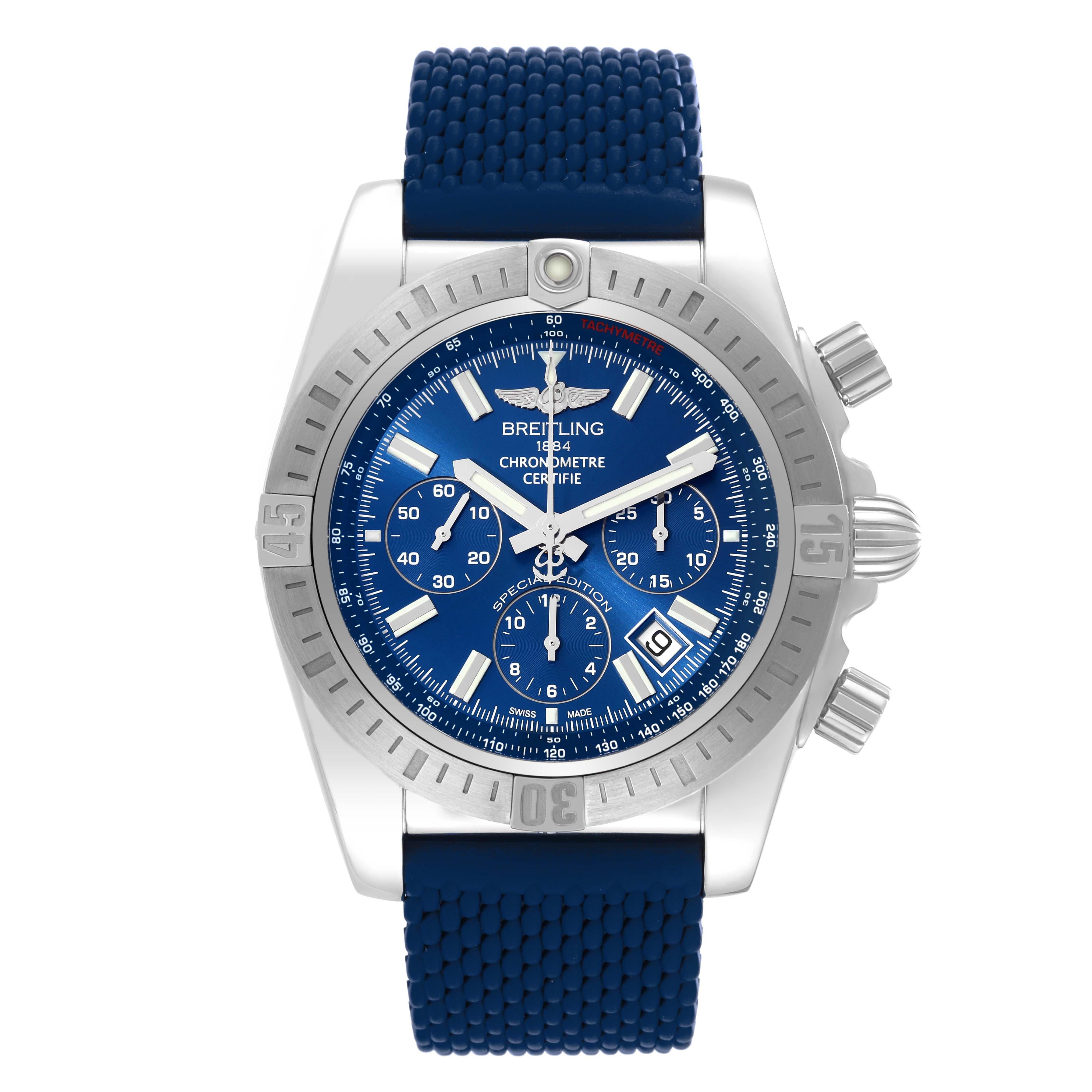 Breitling Chronomat 44 Airbourne Blue Dial Steel Mens Watch AB0115 Box Card In Excellent Condition In Atlanta, GA
