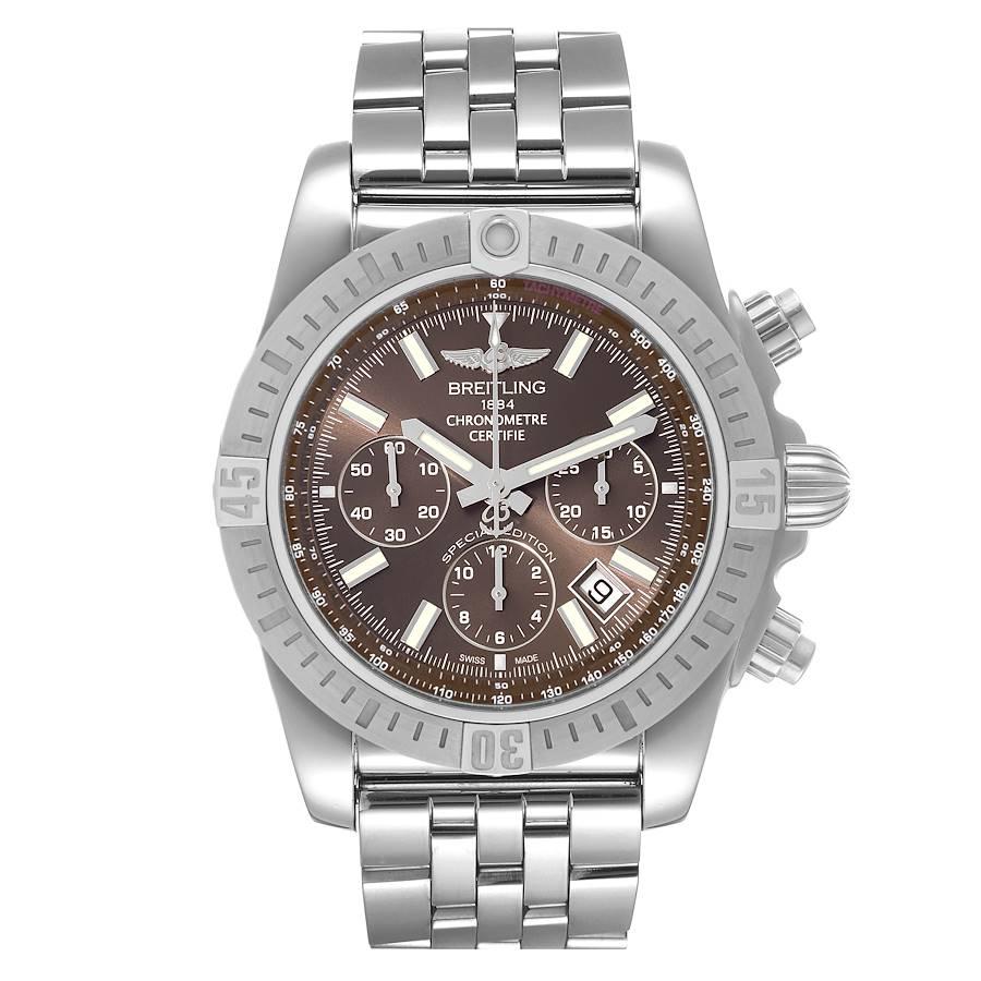 Breitling Chronomat 44 Airbourne Brown Dial Steel Mens Watch AB0115 Box Card. Self-winding automatic officially certified chronometer movement. Chronograph function. Stainless steel case 44.0 mm in diameter. Stainless steel unidirectional rotating