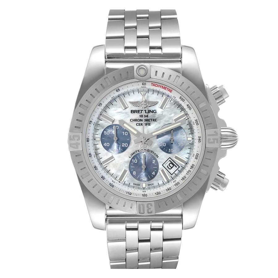 Breitling Chronomat 44 Airbourne Mother Of Pearl Dial Steel Mens Watch AB0115 Box Card. Self-winding automatic officially certified chronometer movement. Chronograph function. Stainless steel case 44.0 mm in diameter. Stainless steel unidirectional