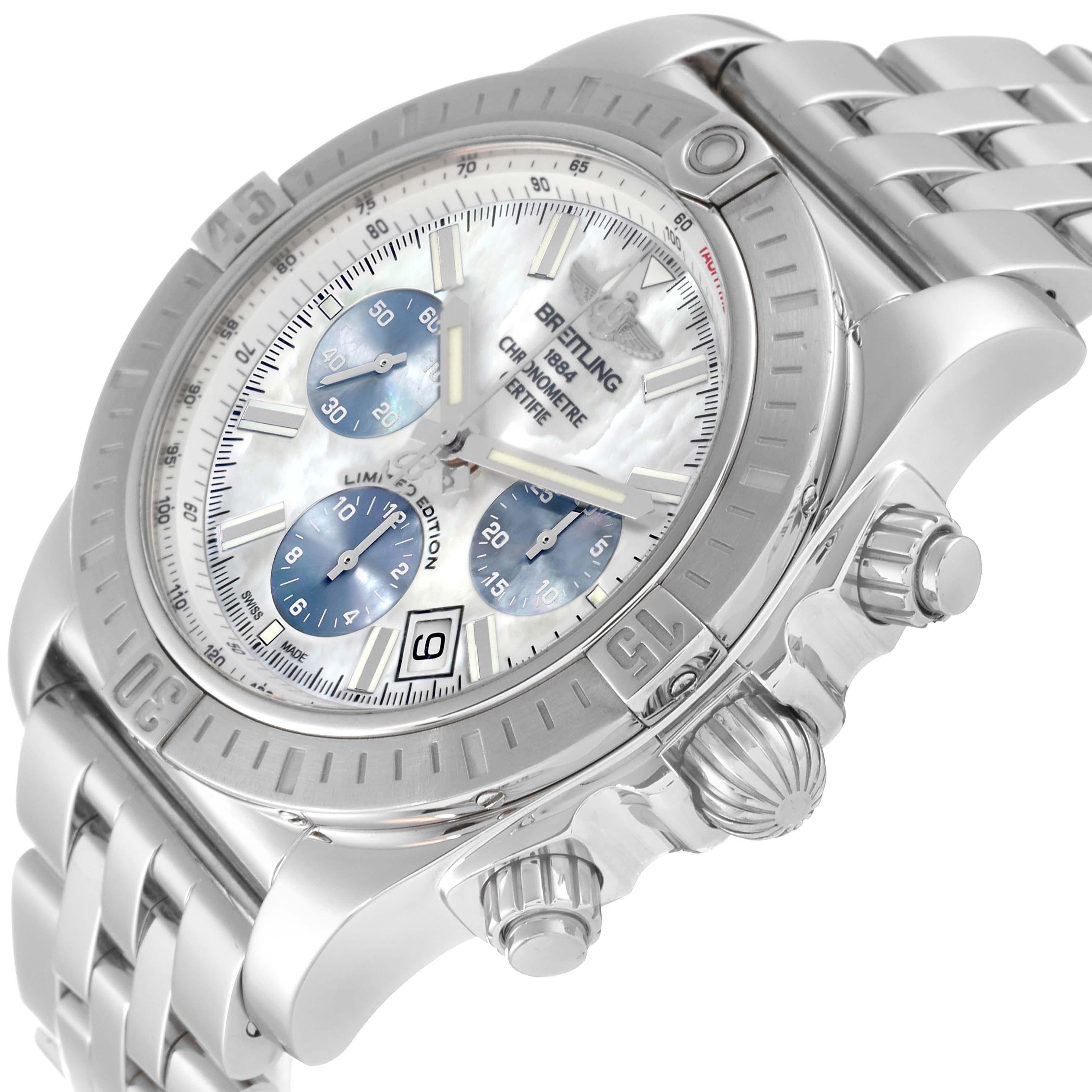 Breitling Chronomat 44 Airbourne Mother of Pearl Dial Steel Mens Watch AB0115. Self-winding automatic officially certified chronometer movement. Chronograph function. Stainless steel case 44.0 mm in diameter. Stainless steel unidirectional rotating