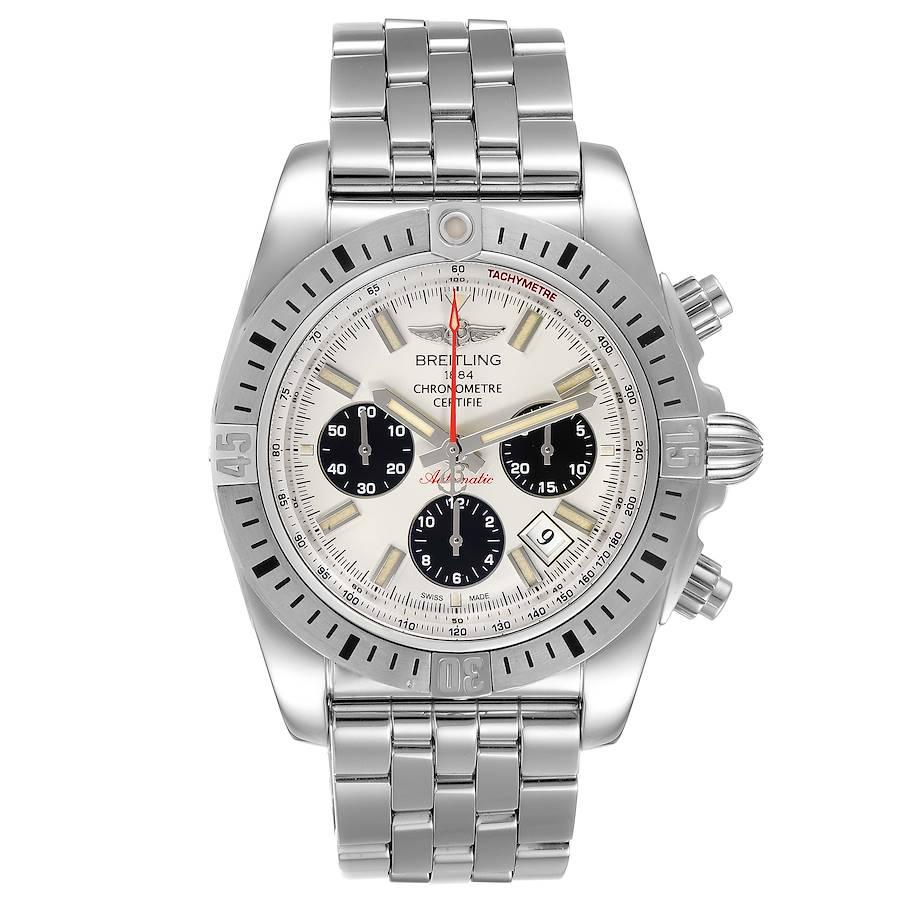 Breitling Chronomat 44 Airbourne Silver Dial Steel Mens Watch AB0115 Box. Self-winding automatic officially certified chronometer movement. Chronograph function. Stainless steel case 44.0 mm in diameter. Stainless steel unidirectional rotating