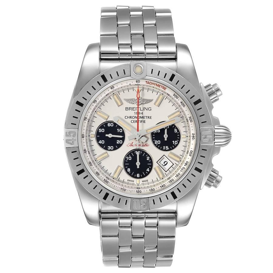 Breitling Chronomat 44 Airbourne Silver Dial Steel Mens Watch AB0115 Box Papers. Self-winding automatic officially certified chronometer movement. Chronograph function. Stainless steel case 44.0 mm in diameter. Stainless steel unidirectional