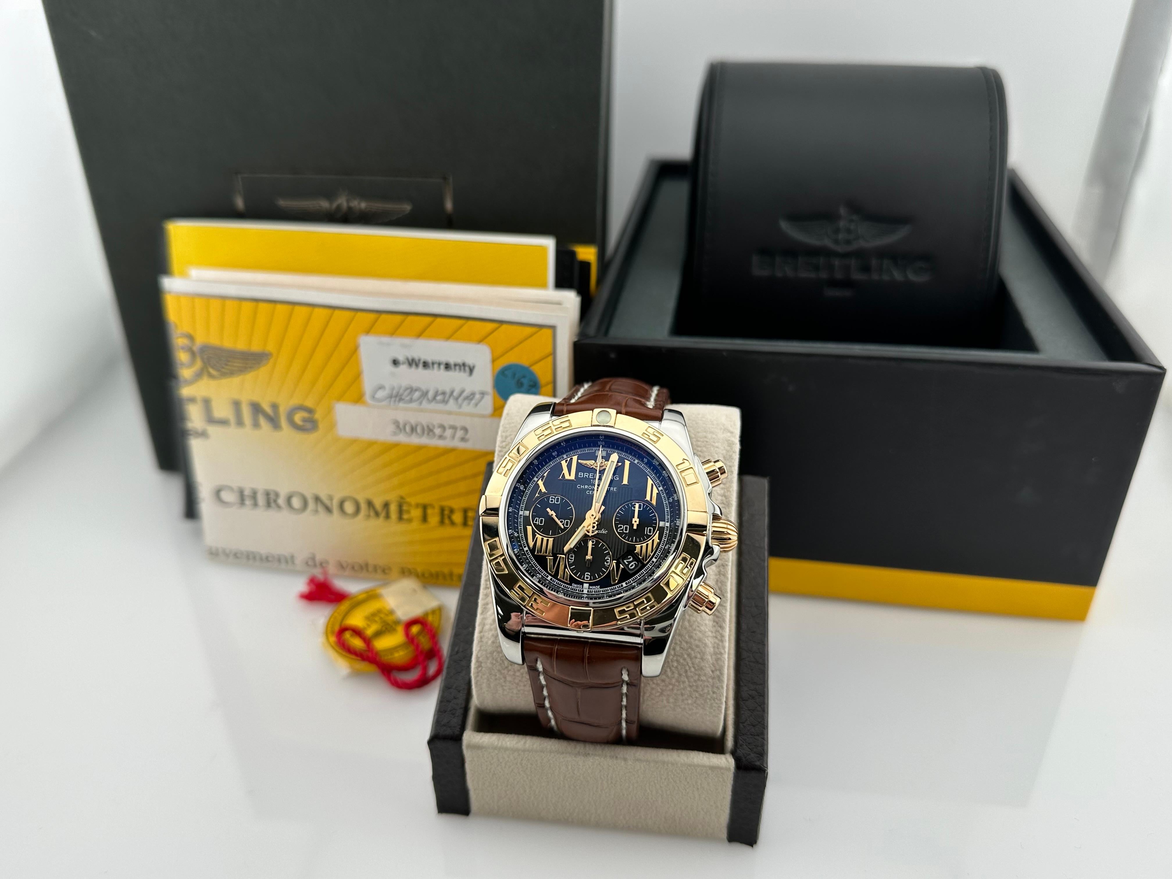 Style Number: CB0110



Year: 2009

 

Model: Breitling Chronomat 44

 

Case Material: Stainless Steel 

 

Band: Leather 

 

Bezel: 18K Rose Gold 

 

Dial:  Black 

 

Face: Sapphire Crystal 

 

Case Size: 44mm

 

Includes: 

-Breitling Box &