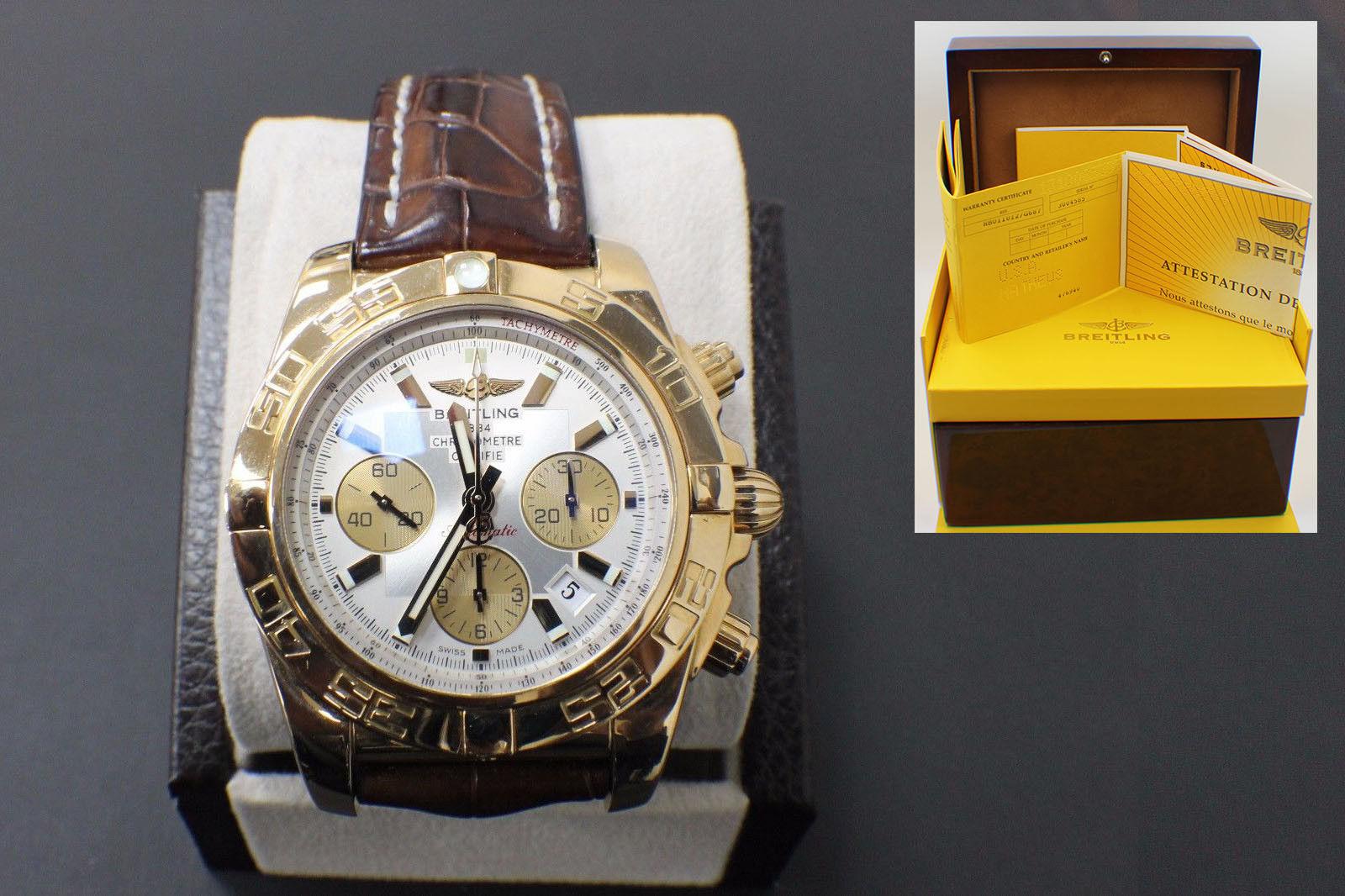 Style Number: HB0110
Model: Chronomat 44
Case: 18K Rose Gold
Band: Brown Crocodile Leather
Bezel: 18K Yellow Gold
Dial: White with Gold Subdials
Face: Sapphire Crystal
Case Size: 44mm
Includes: 
-Original Breitling Box and Papers 
-1 Year