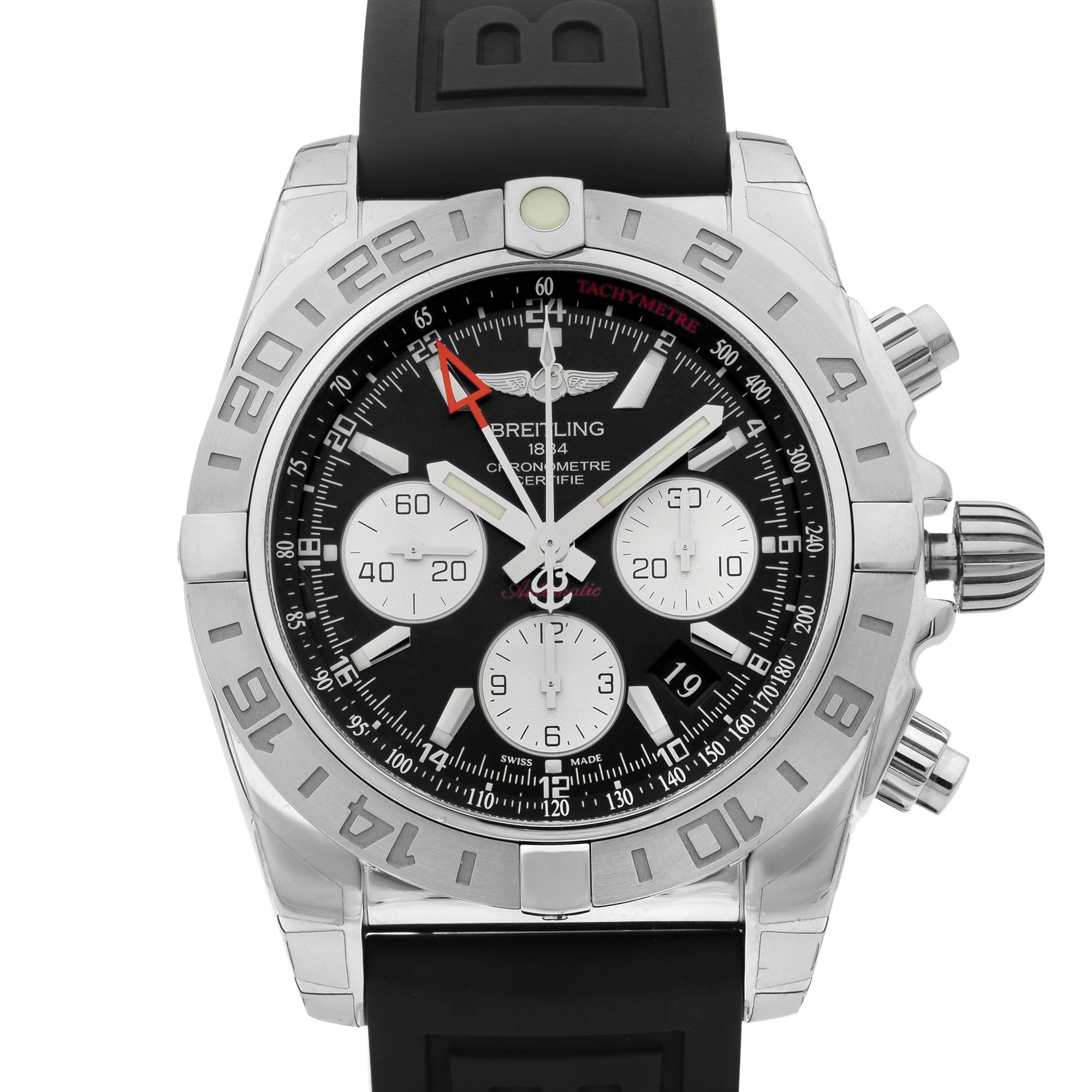 This display model Breitling Chronomat 44 AB042011/BB56-153S is a beautiful men's timepiece that is powered by a mechanical (automatic) movement which is cased in a stainless steel case. It has a round shape face, chronograph, date indicator, dual