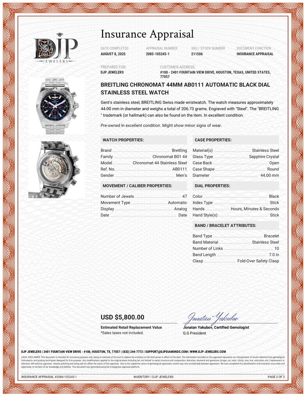 Breitling Chronomat 44MM AB0111 Automatikuhr mit schwarzem Zifferblatt aus Edelstahl 6