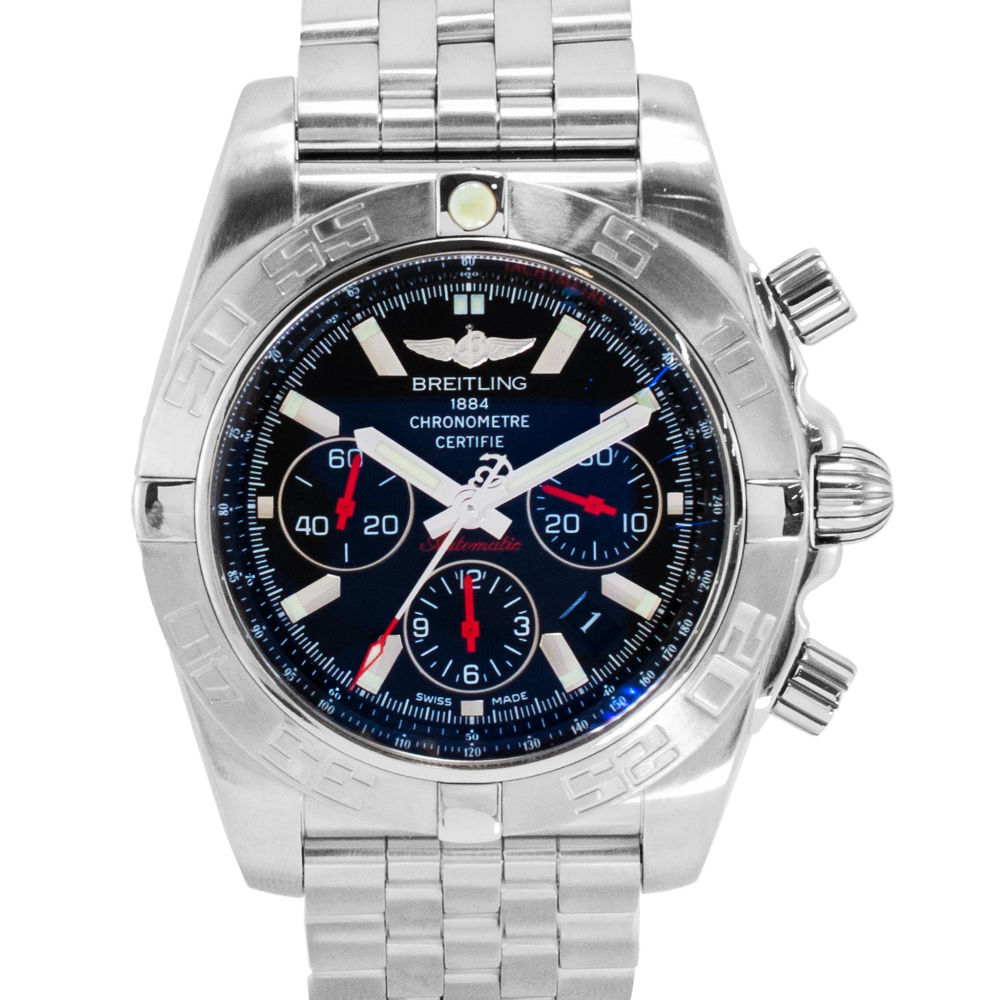 Marke: Breitling 

Geschlecht: Herren

Metalltyp: Rostfreier Stahl

Durchmesser: 44,00 mm

Gewicht: 206,73 Gramm

Herrenarmbanduhr aus Edelstahl, Schweizer Marke BREITLING. Eingraviert mit 