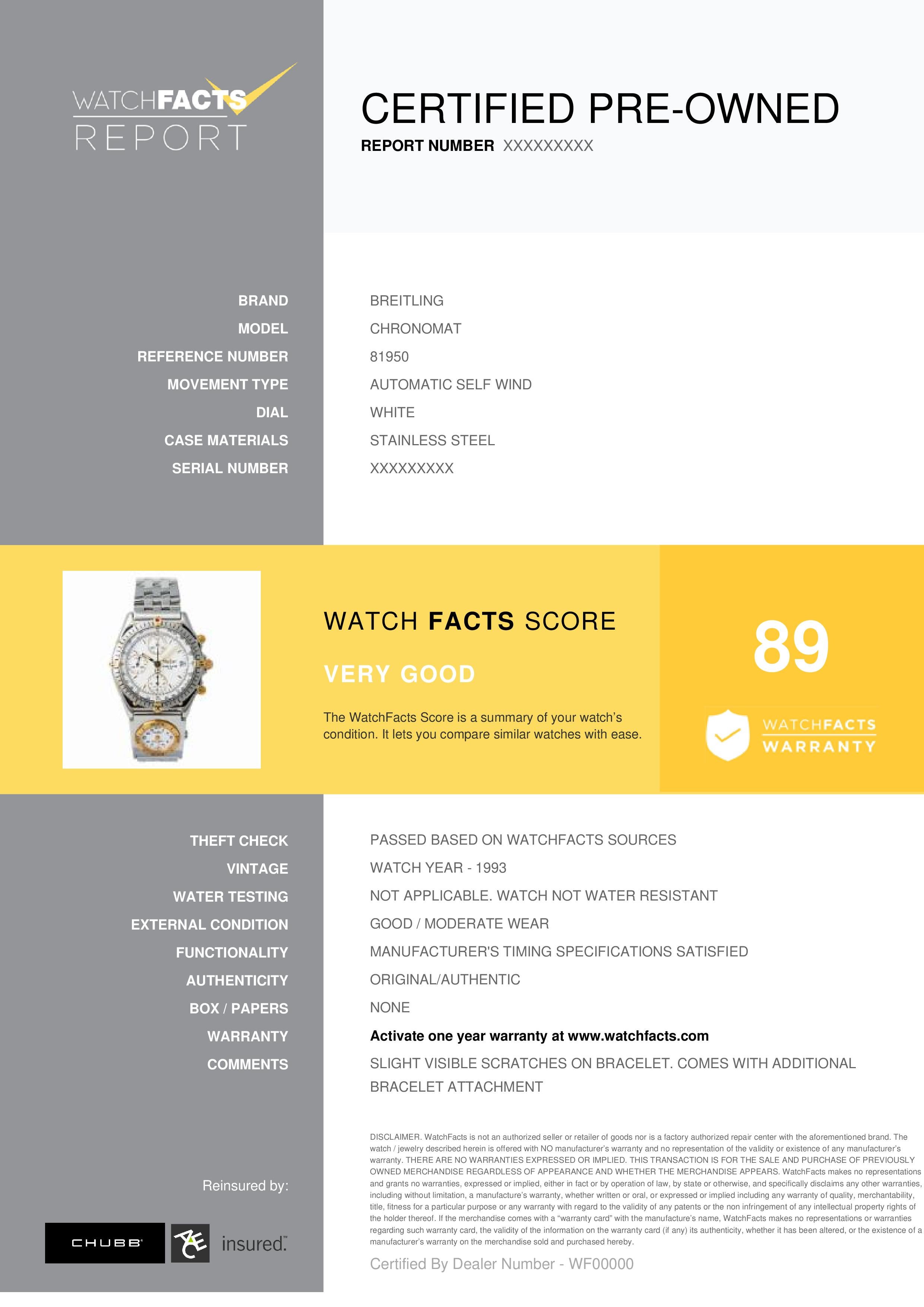 Breitling Chronomat Reference #: 81950. Mens Automatic Self Wind Watch Stainless Steel White 39 MM. Verified and Certified by WatchFacts. 1 year warranty offered by WatchFacts.
