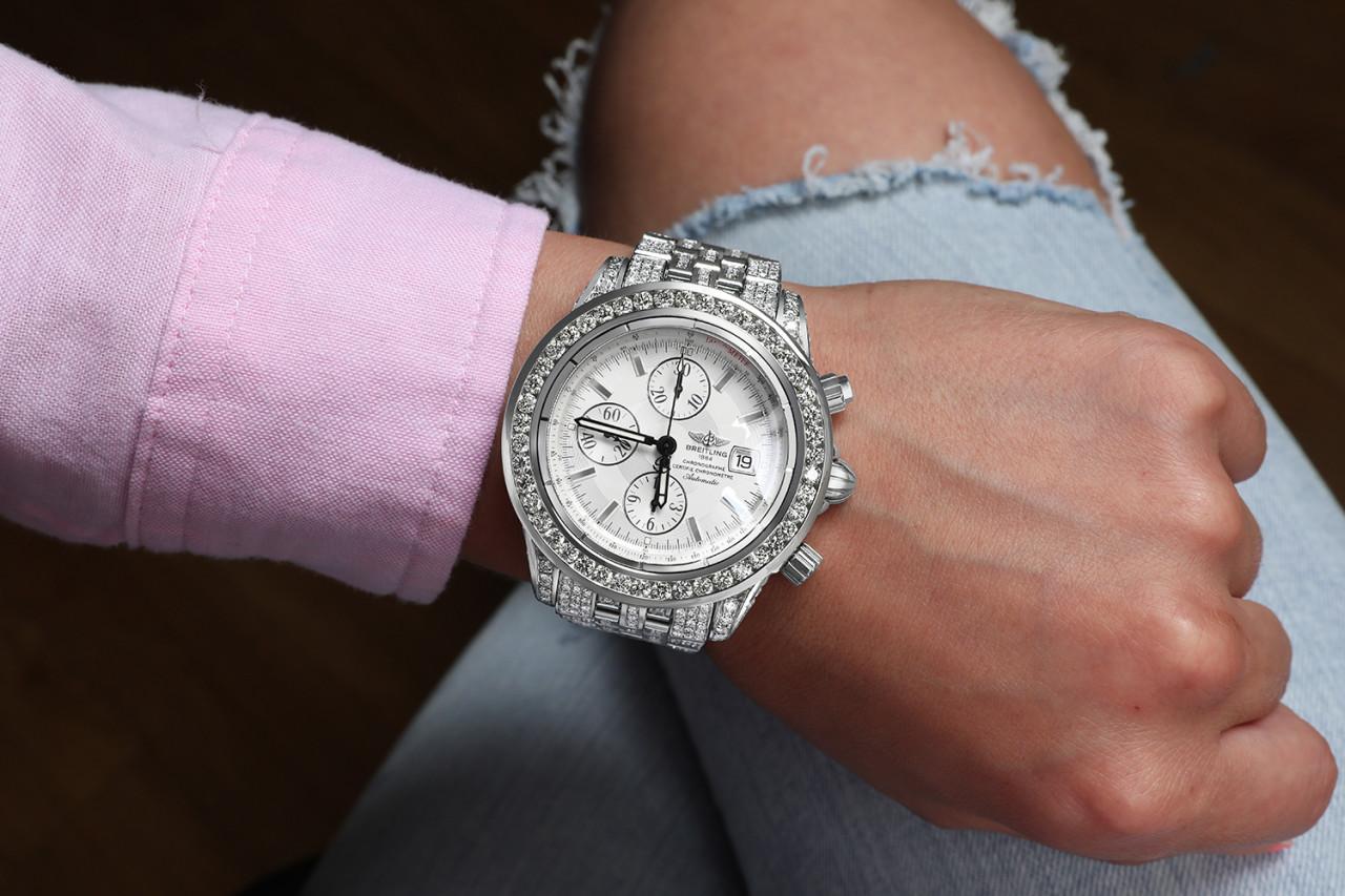 Breitling Chronomat  A13356 Custom Diamond Stainless Steel Watch White Dial In Excellent Condition For Sale In New York, NY
