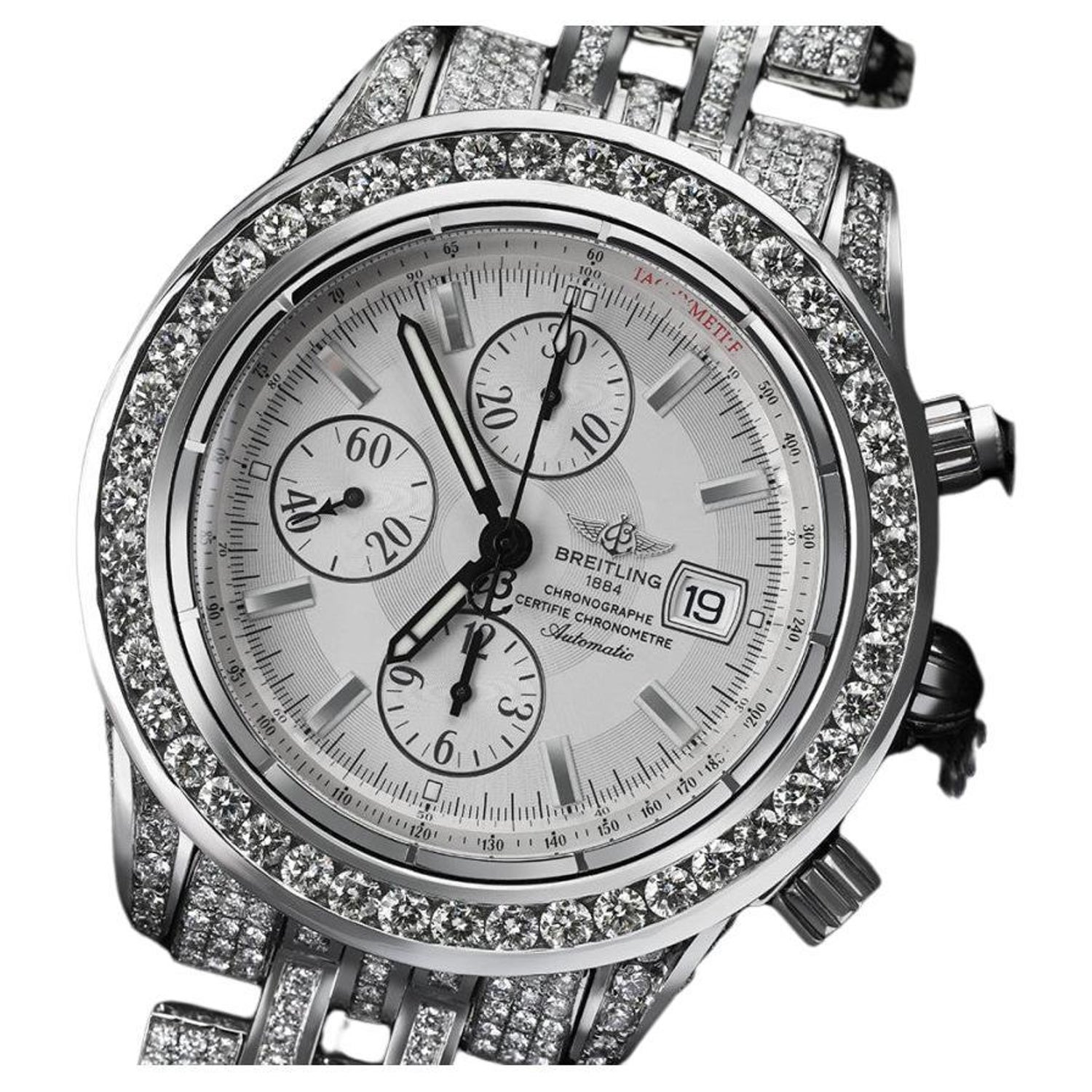 Breitling Chronomat A13356 Custom Diamond Stainless Steel Watch White Dial  For Sale at 1stDibs