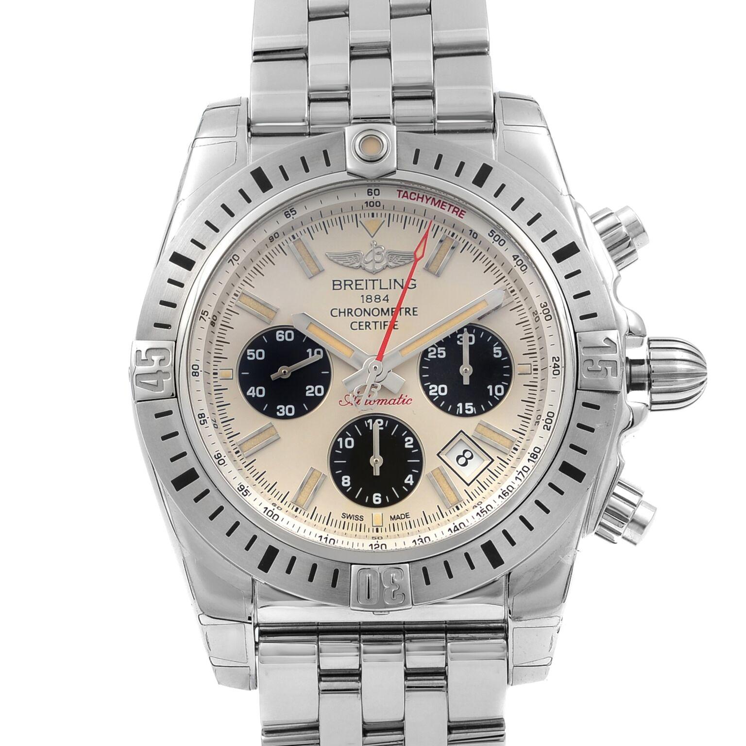 This display model Breitling Chronomat AB01154G/G786-375A is a beautiful men's timepiece that is powered by mechanical (automatic) movement which is cased in a stainless steel case. It has a round shape face, chronograph, date indicator, small