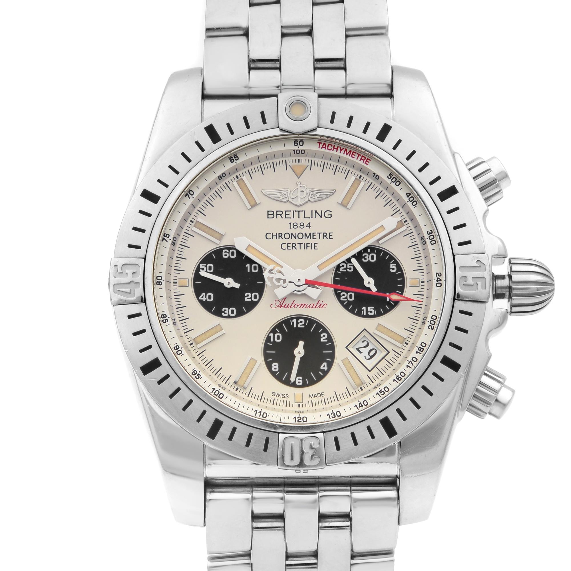 This pre-owned Breitling Chronomat AB01154G/G786-375A is a beautiful men's timepiece that is powered by a mechanical (automatic) movement which is cased in a stainless steel case. It has a round shape face, chronograph, date indicator, small seconds