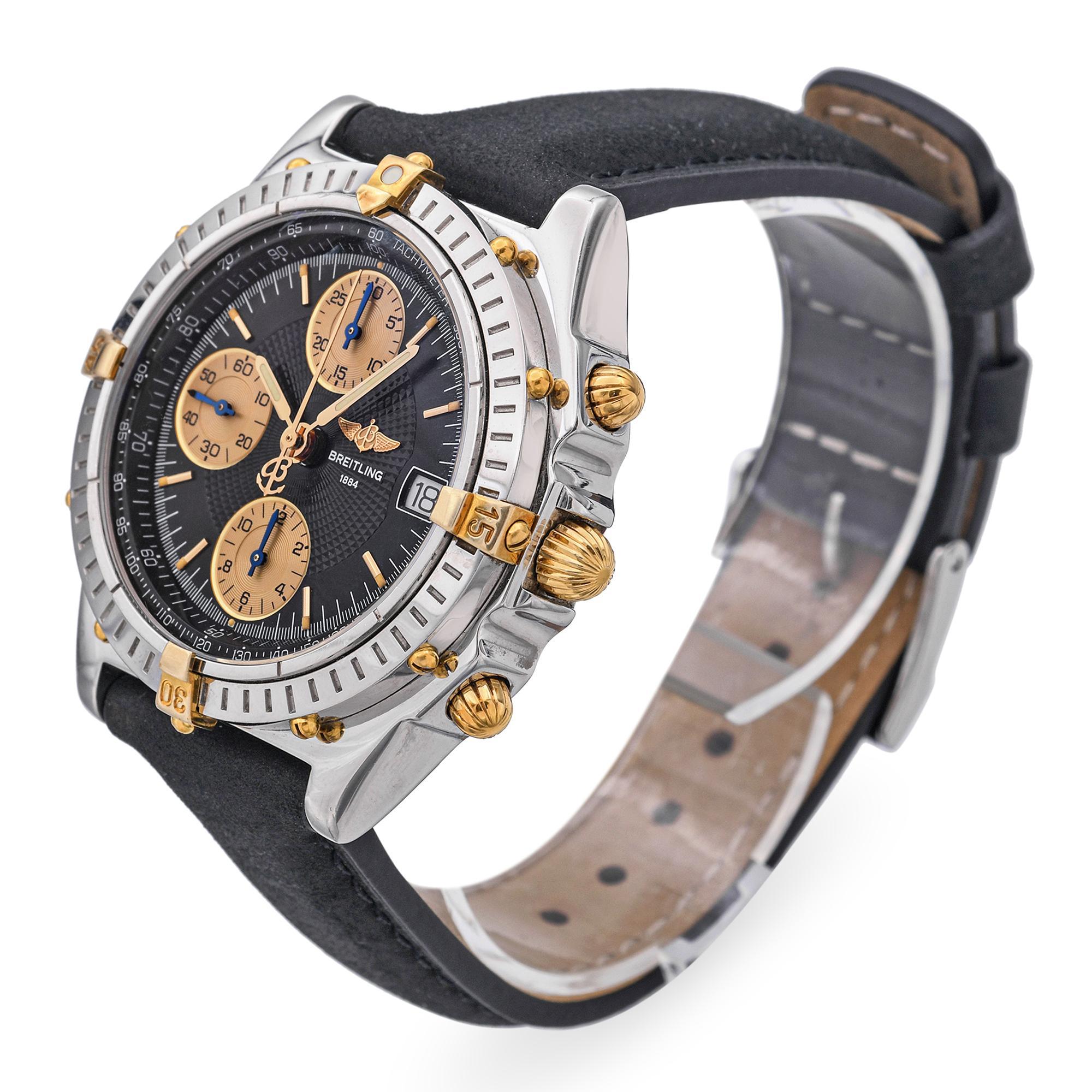 This 1990 Breitling Chronomat B13050.1 is a striking example of the brand’s iconic chronograph design, blending rugged performance with refined vintage style. Housed in a 38mm stainless steel case, it features a beautifully detailed engine-turned