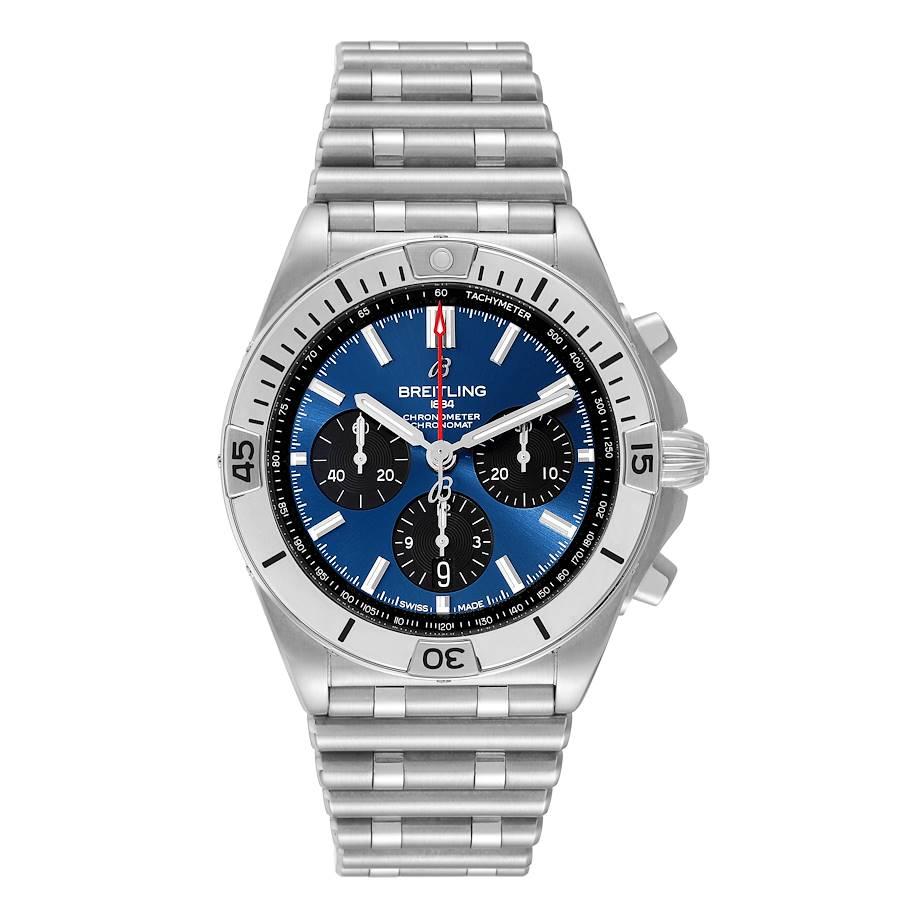 Breitling Chronomat B01 42 Blue Dial Steel Mens Watch AB0134. Self-winding automatic officially certified chronometer movement. Chronograph function. Stainless steel case 42.0 mm in diameter with pushers and screwed-down crown. Stainless steel