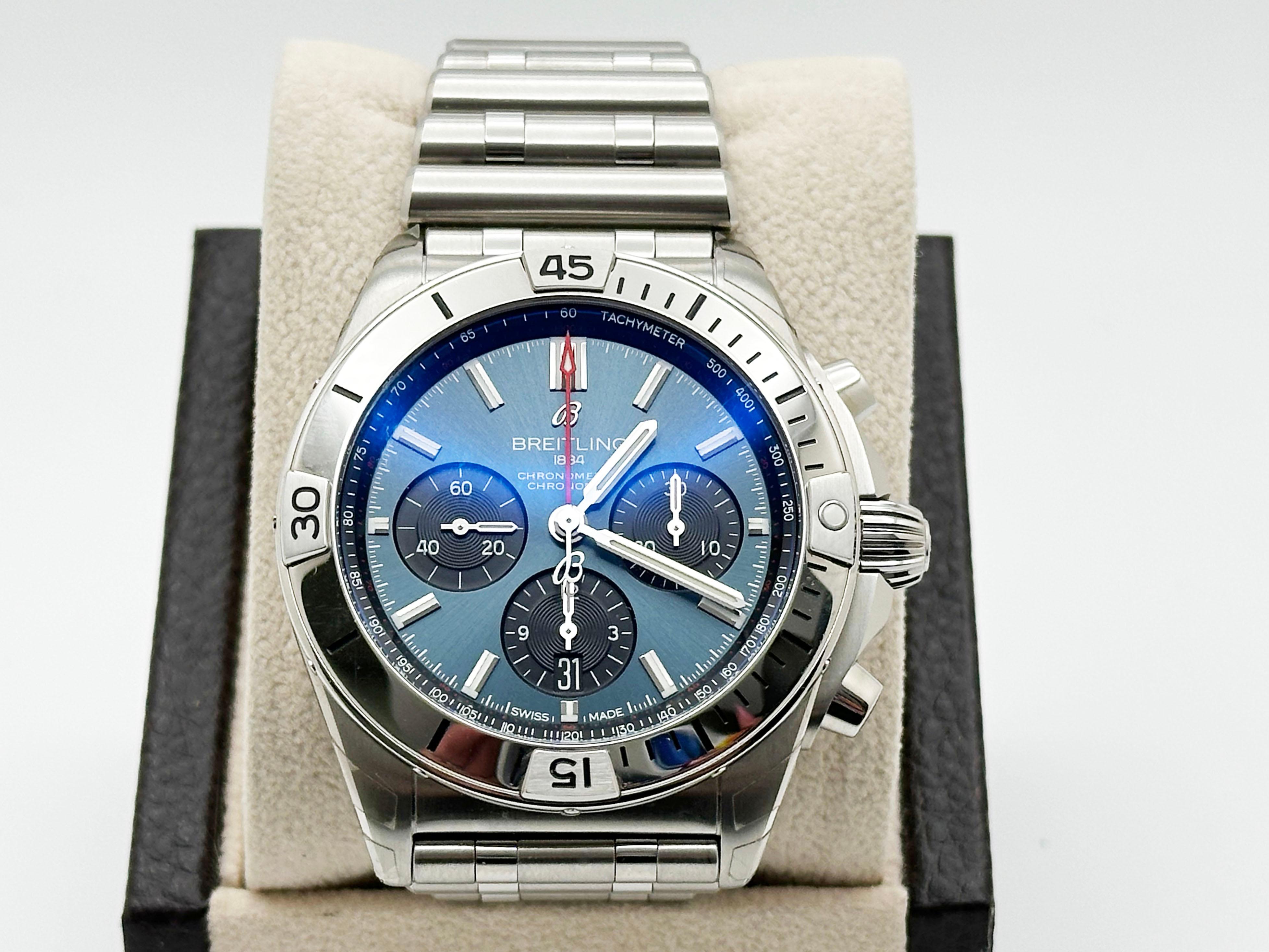 Style Number: AB0134

 

Model: Breitling Chronomat B01 42mm

 

Case Material: Stainless Steel 

 

Band: Stainless Steel 

 

Bezel: Stainless Steel 

 

Dial: Blue Dial 

 

Face: Sapphire Crystal 

 

Case Size: 42mm 

 

Includes: 

-Breitling