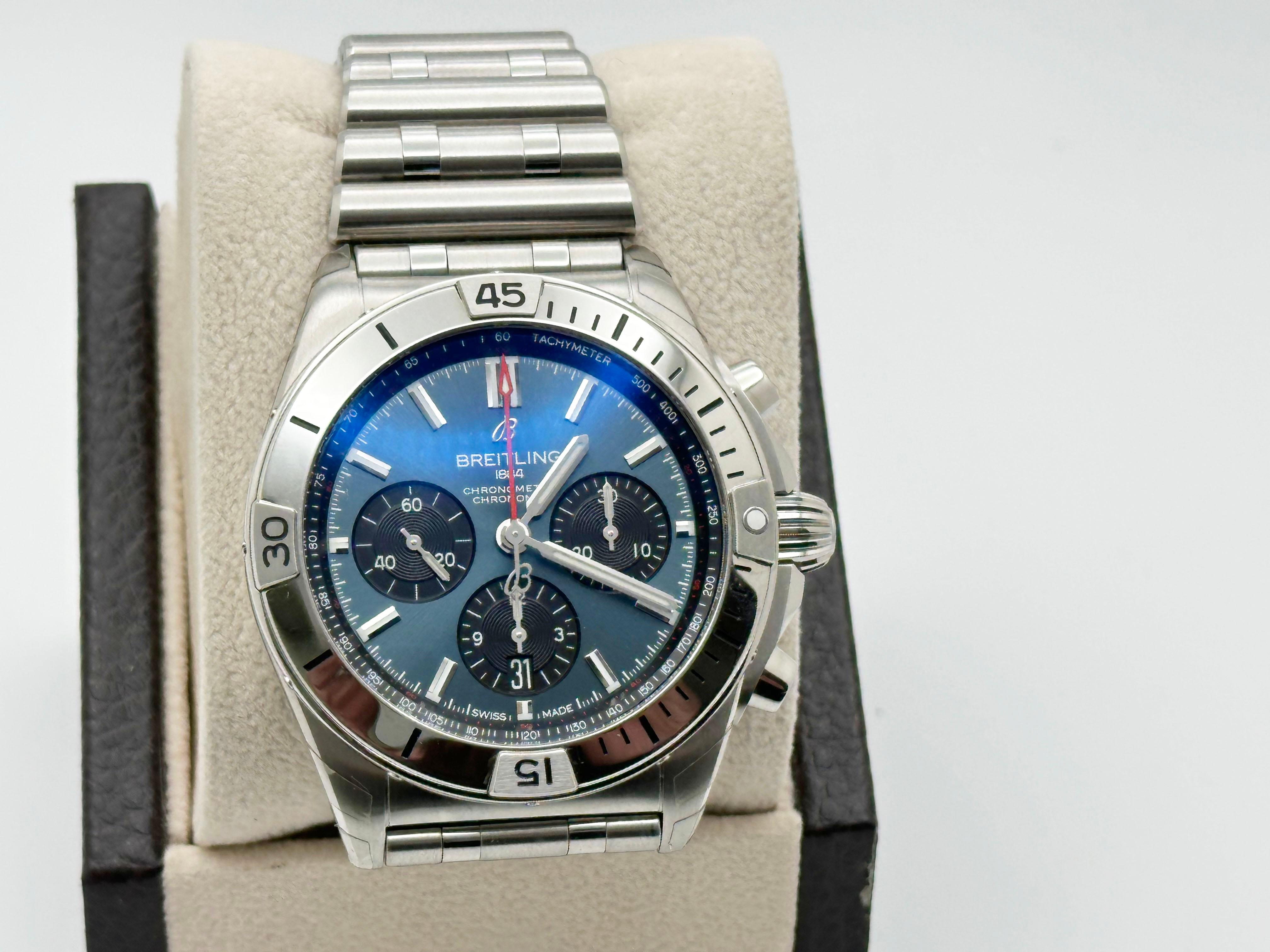 Breitling Chronomat B01 AB0134 42mm Blue Dial Stainless Steel Box Booklet In Excellent Condition For Sale In San Diego, CA