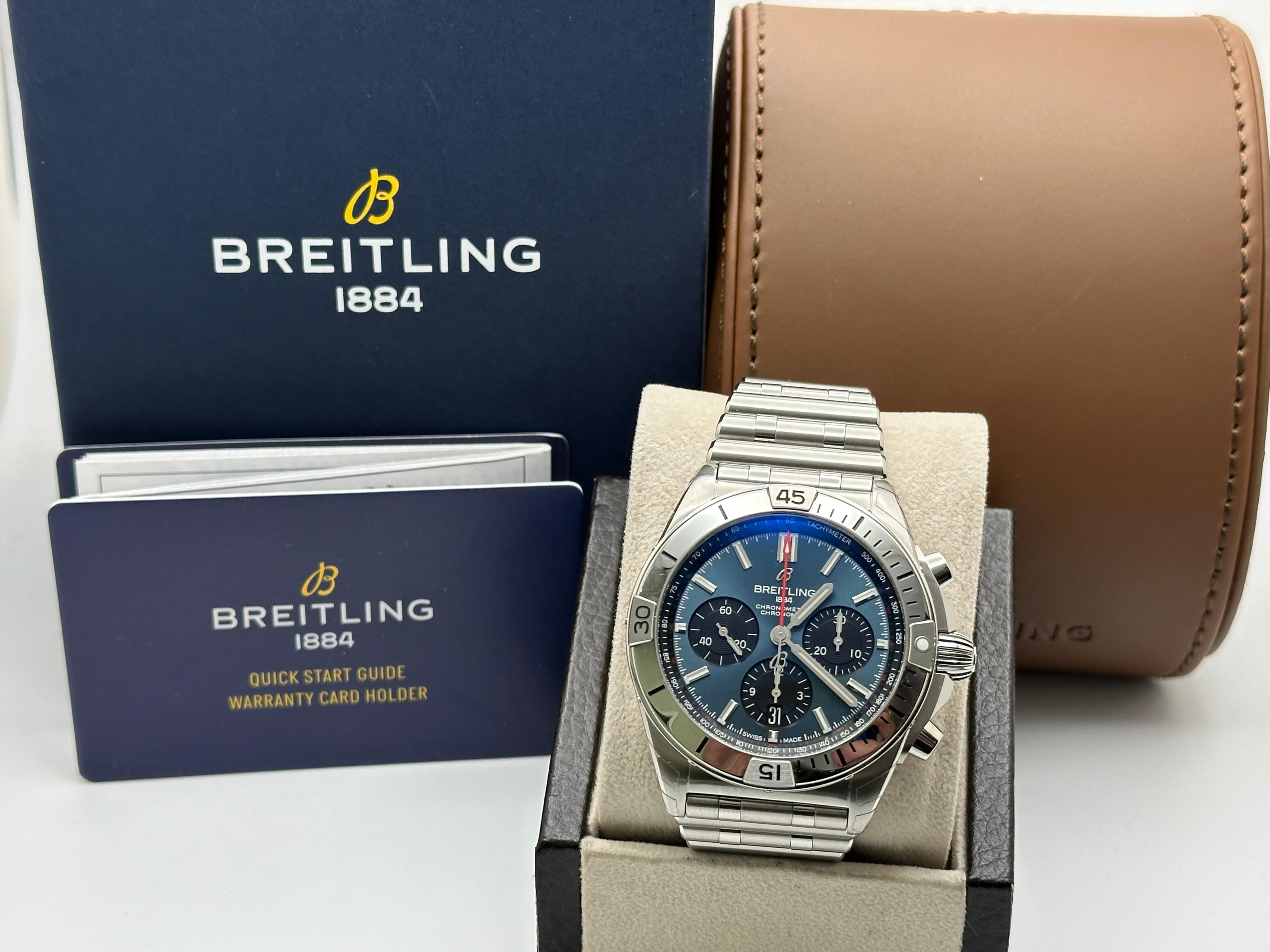 Breitling Chronomat B01 AB0134 42mm Blue Dial Stainless Steel Box Booklet For Sale 4