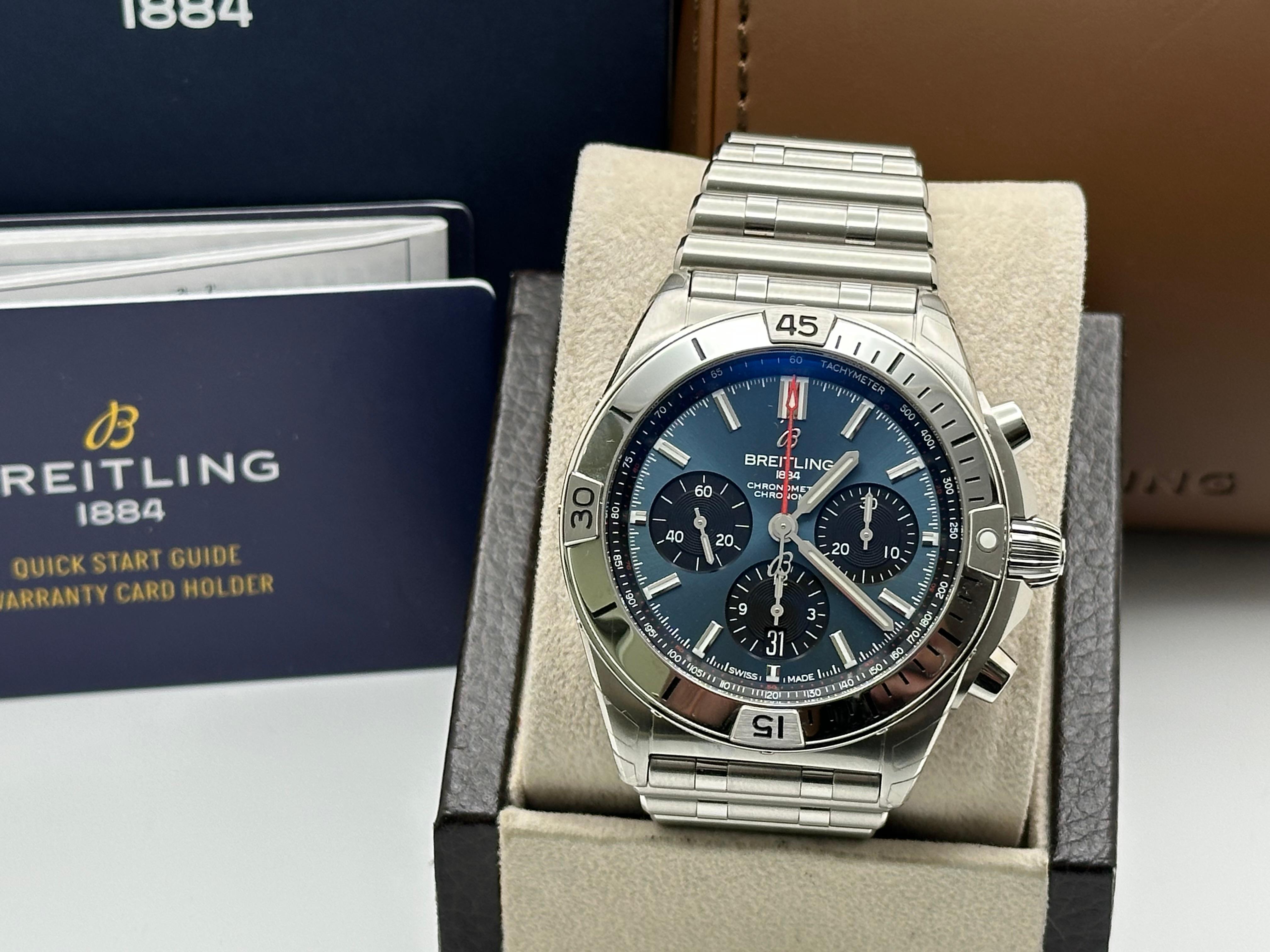 Breitling Chronomat B01 AB0134 42mm Blue Dial Stainless Steel Box Booklet For Sale 5
