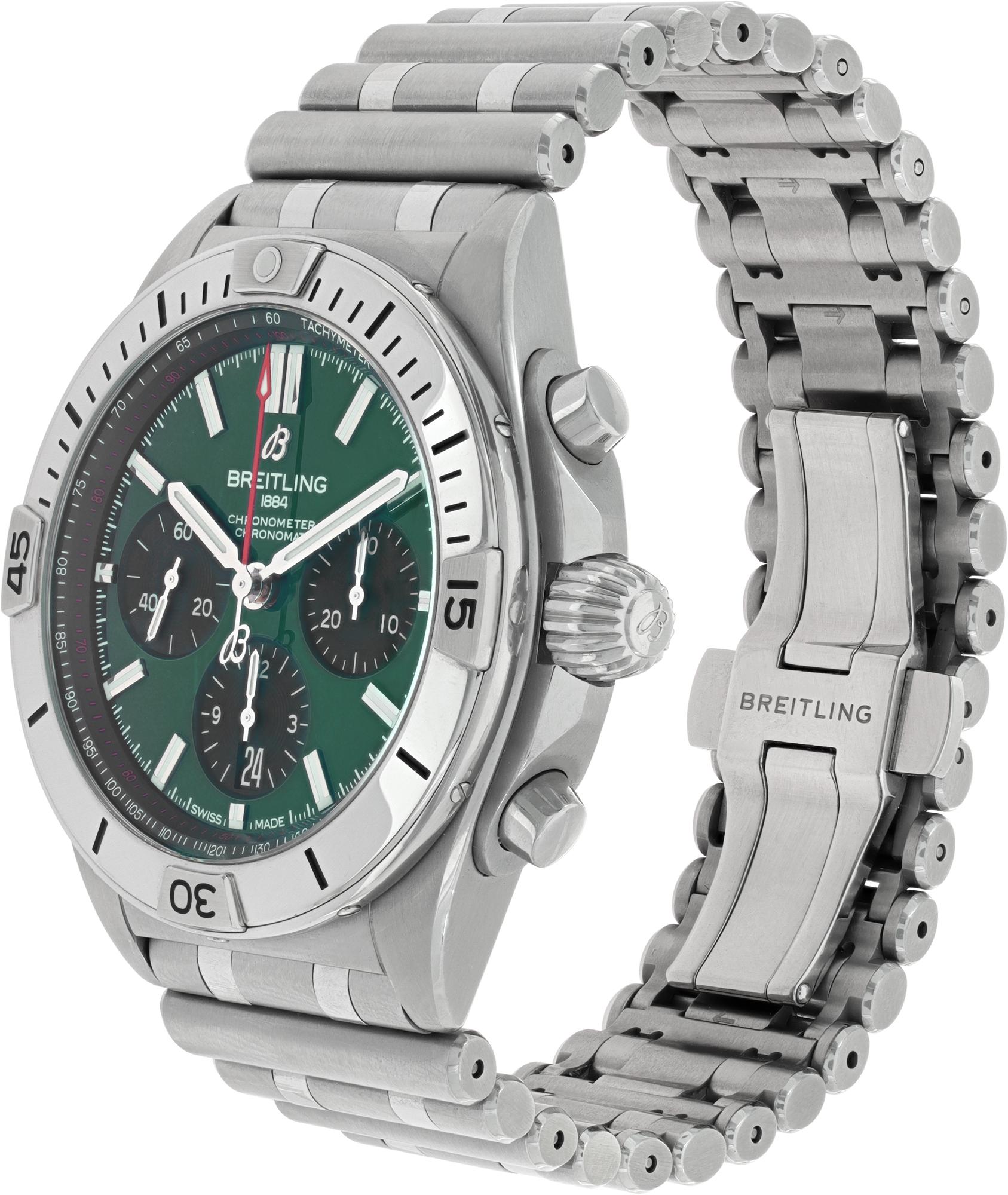Breitling Chronomat B01 Bentley in stainless steel with a rotating bezel and a green stick dial on a stainless steel band with a deployant buckle. Automatic w/ a chronograph. 42 mm case size. Unused with box and booklets. Ref AB0134. Fine Pre-owned