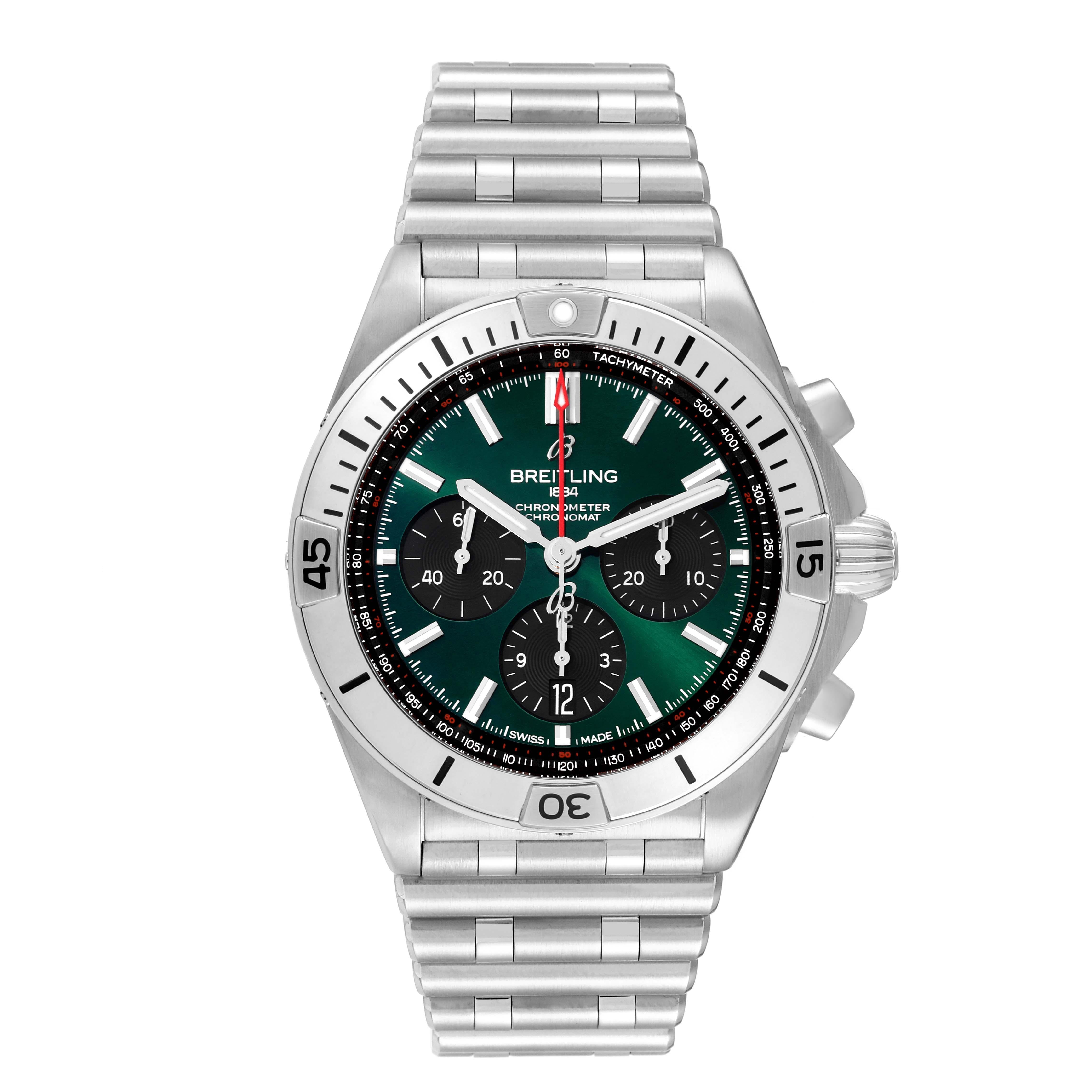Breitling Chronomat B01 Green Dial Steel Mens Watch AB0134 Box Card. Self-winding automatic officially certified chronometer movement. Chronograph function. Stainless steel case 42.0 mm in diameter with screwed down crown and pushers. Stainless