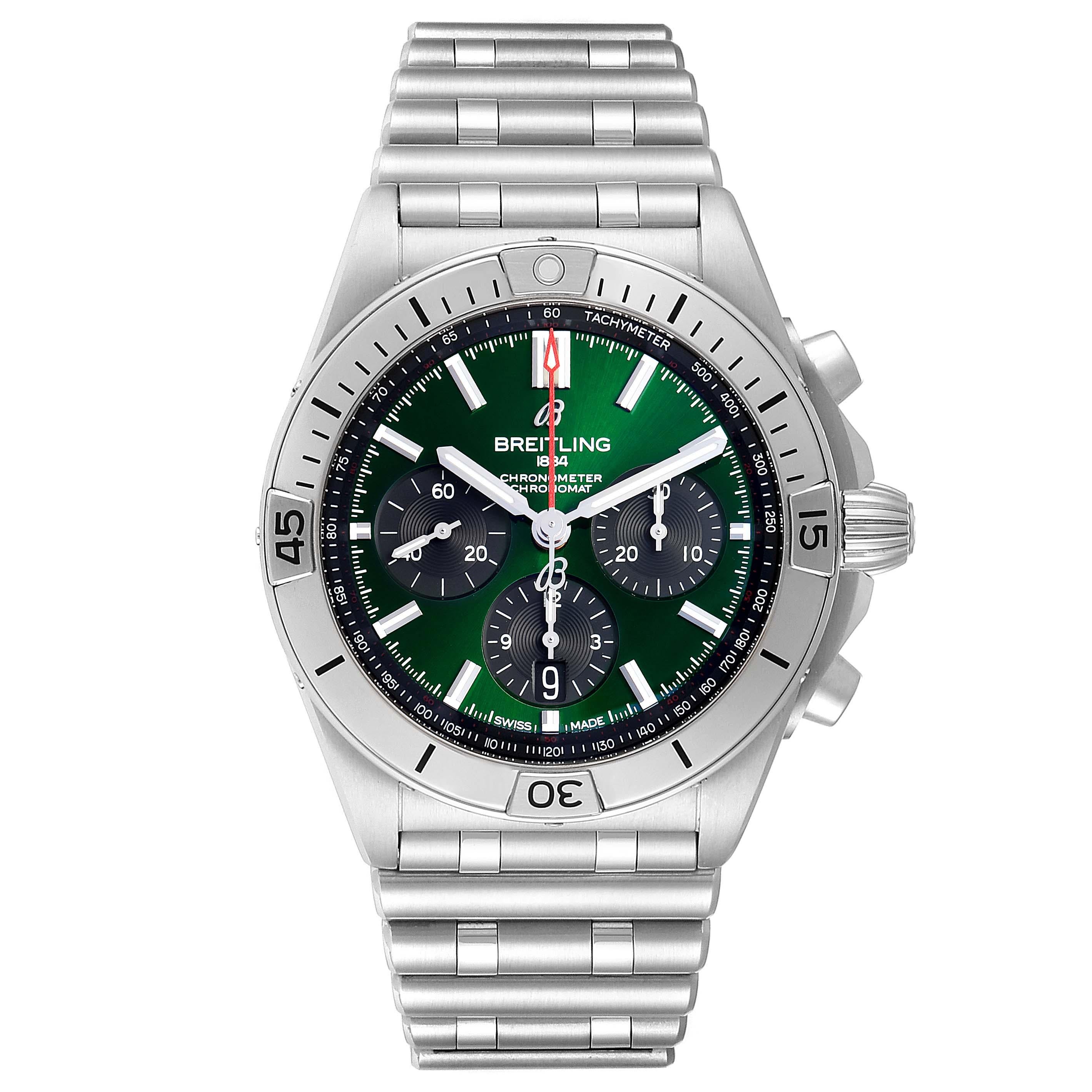 Breitling Chronomat B01 Grünes Zifferblatt Stahl Herrenuhr AB0134 Box Papiere. Automatisches, offiziell zertifiziertes Chronometerwerk mit Selbstaufzug. Chronographen-Funktion. Edelstahlgehäuse mit einem Durchmesser von 42,0 mm, verschraubter Krone