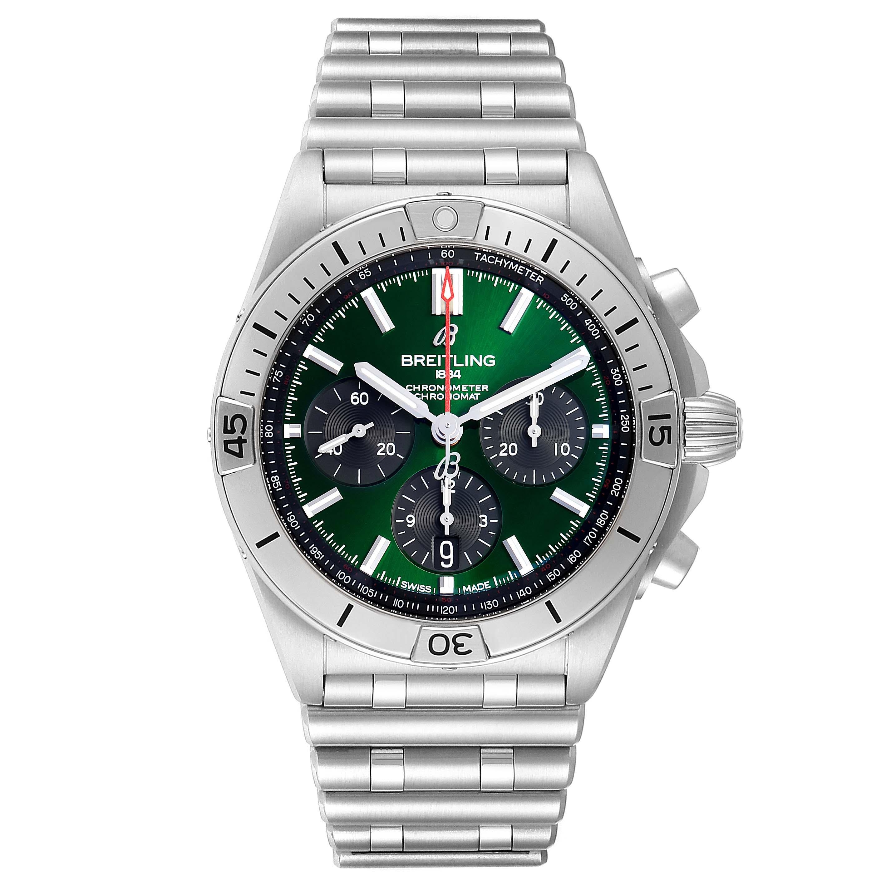 Breitling Chronomat B01 Green Dial Steel Mens Watch AB0134 Box Papers. Self-winding automatic officially certified chronometer movement. Chronograph function. Stainless steel case 42.0 mm in diameter with screwed down crown and pushers. Stainless