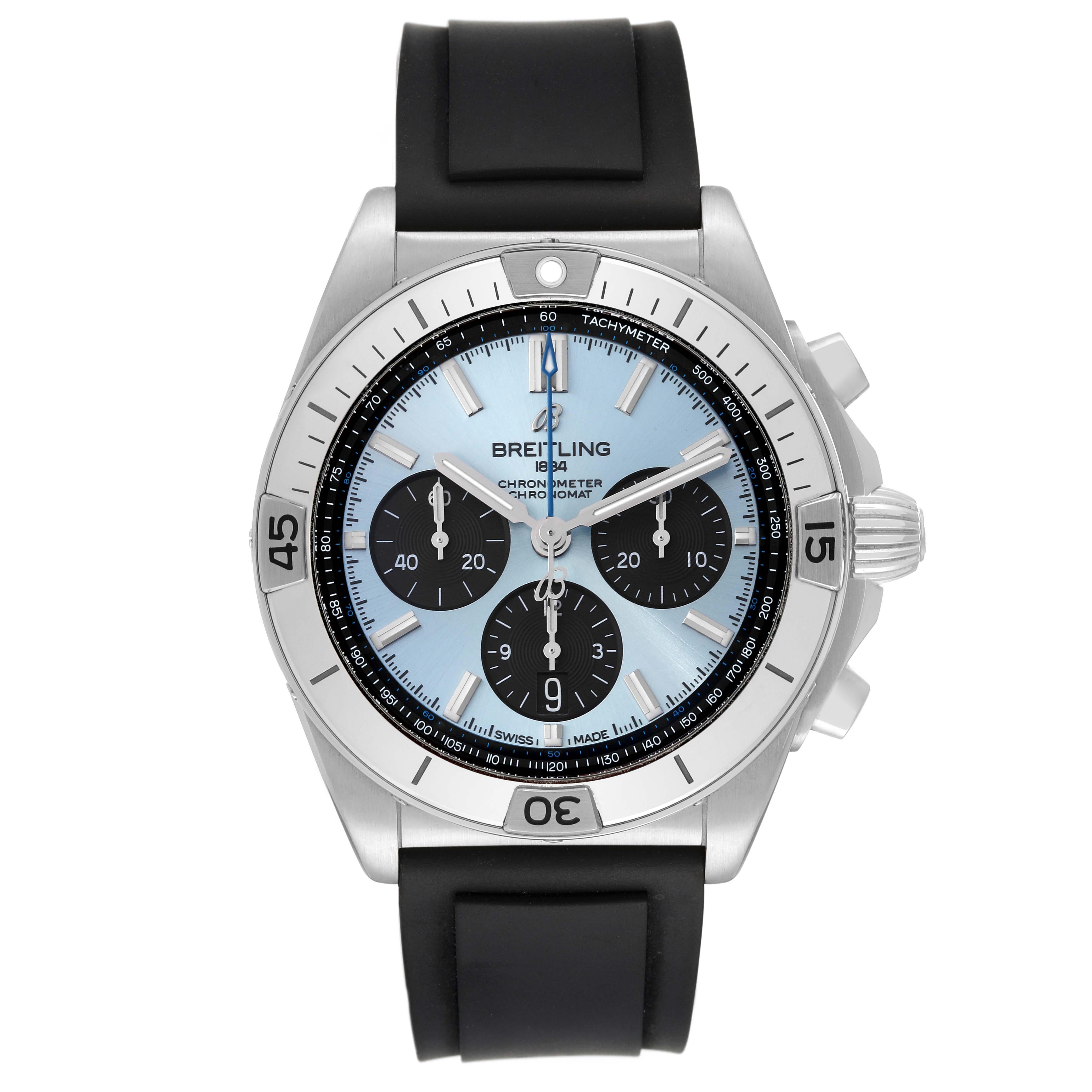 Breitling Chronomat B01 Ice Blue Dial Steel Mens Watch PB0134 Box Card. Self-winding automatic officially certified chronometer movement. Chronograph function. Stainless steel case 42.0 mm in diameter with screwed down crown and pushers. Transparent