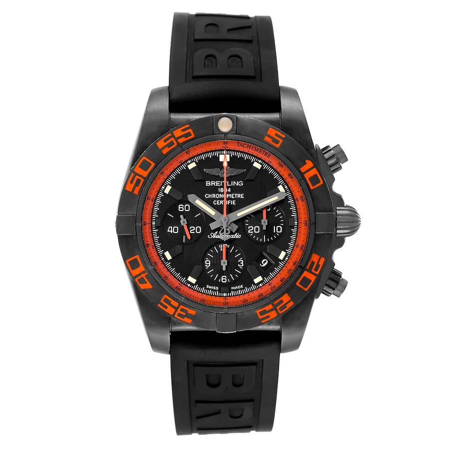 Breitling Chronomat B01 Raven Blacksteel Mens Watch MB0111. Self-winding automatic officially certified chronometer movement. Chronograph function. Blacksteel case 43.5 mm in diameter with screwed down crown and pushers. Brushed/satin finished