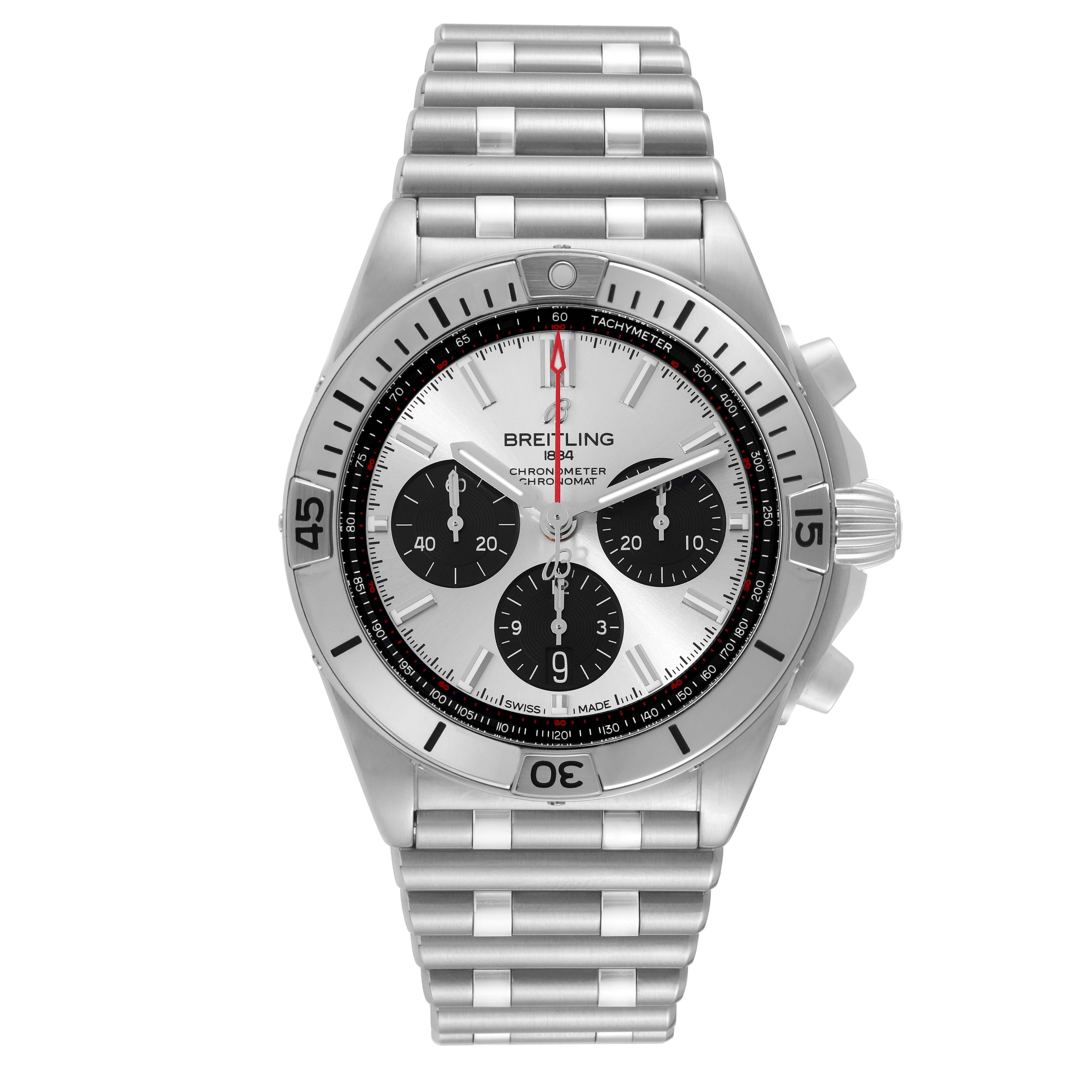 Breitling Chronomat B01 Silver Dial Steel Mens Watch AB0134 Box Card. Self-winding automatic officially certified chronometer movement. Chronograph function. Stainless steel case 42.0 mm in diameter with screwed down crown and pushers. Stainless