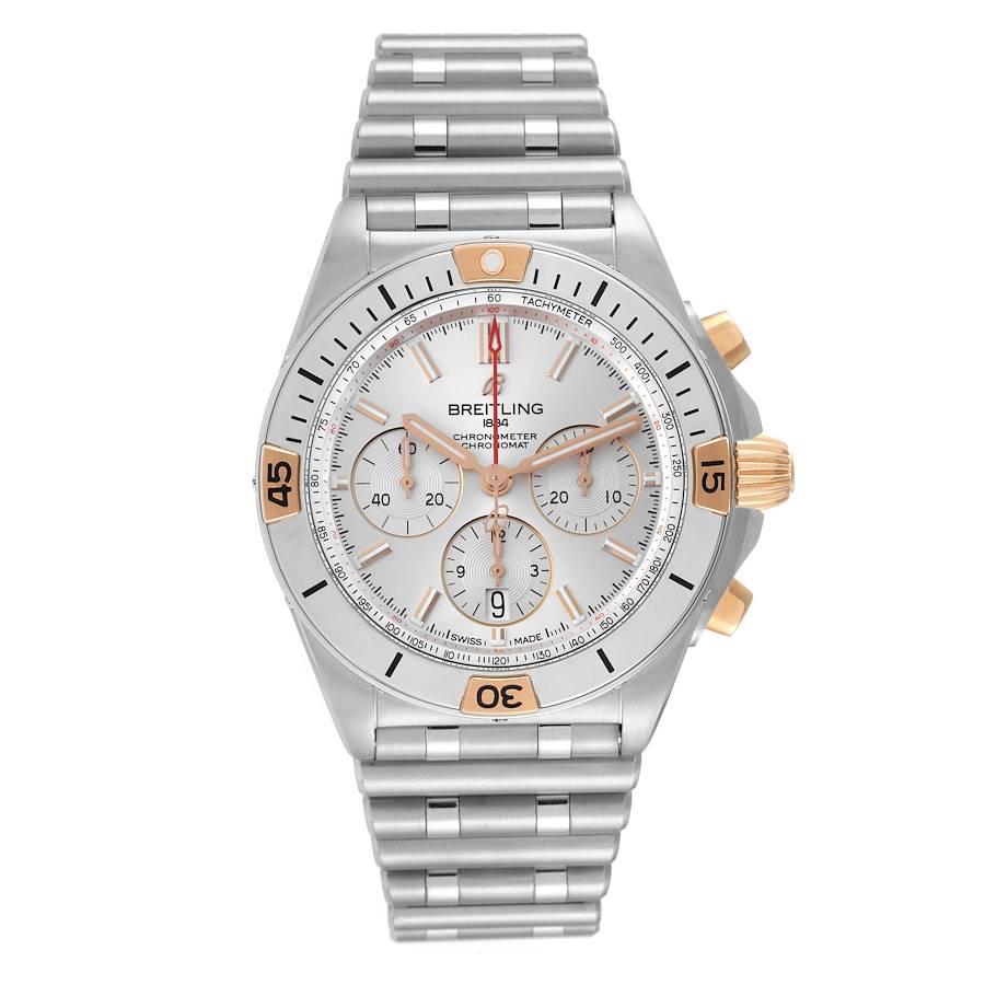 Breitling Chronomat B01 Stainless Steel Silver Dial Mens Watch IB0134 Box Card. Self-winding automatic officially certified chronometer movement. Chronograph function. Stainless steel case 42.0 mm in diameter with 18k rose gold pushers and