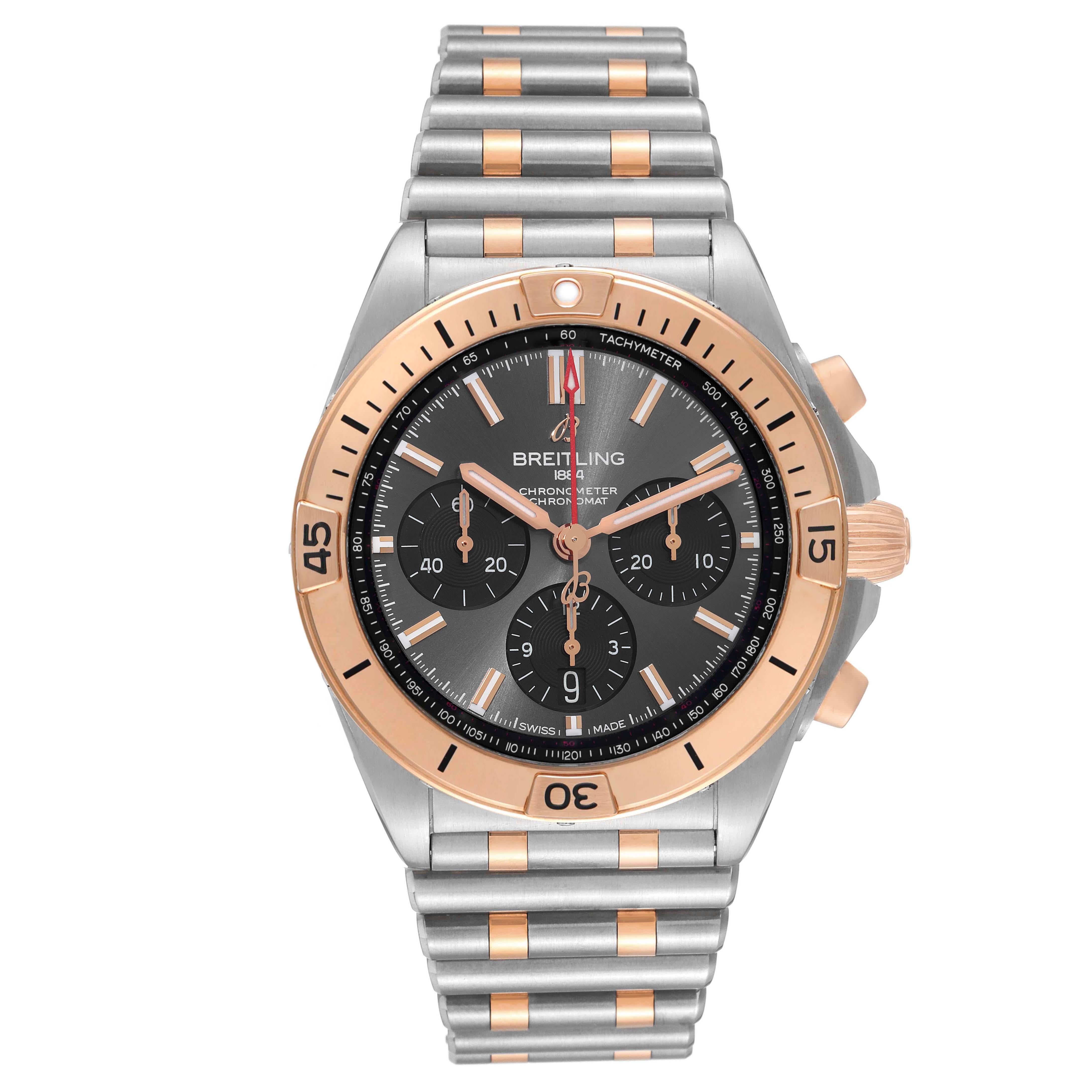 Breitling Chronomat B01 Steel Rose Gold Grey Dial Mens Watch UB0134 Box Card. Self-winding automatic officially certified chronometer movement. Chronograph function. Stainless steel case 42.0 mm in diameter with 18k rose gold pushers and screw-down