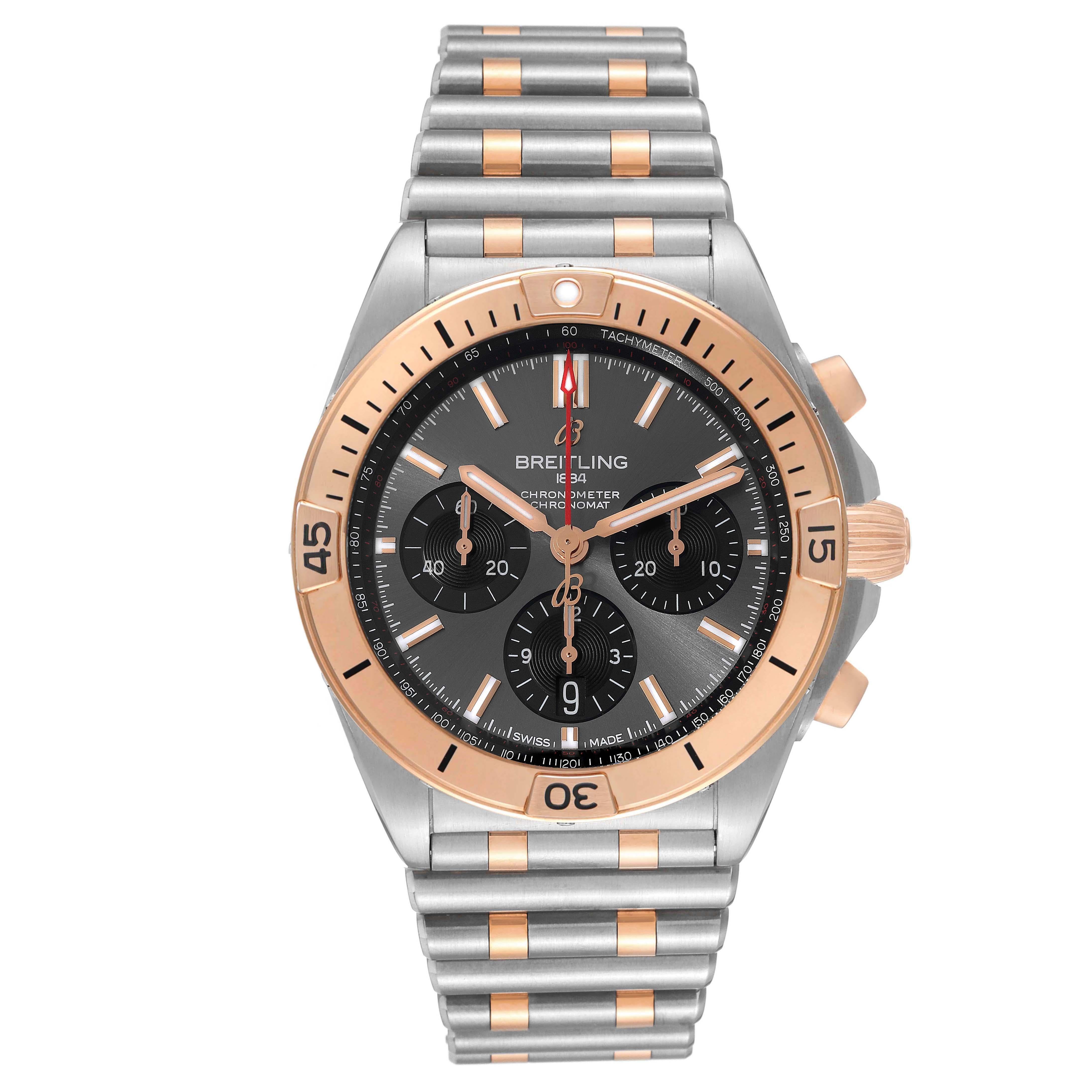 Breitling Chronomat B01 Steel Rose Gold Grey Dial Mens Watch UB0134 Box Card. Self-winding automatic officially certified chronometer movement. Chronograph function. Stainless steel case 42.0 mm in diameter with 18k rose gold pushers and screw-down