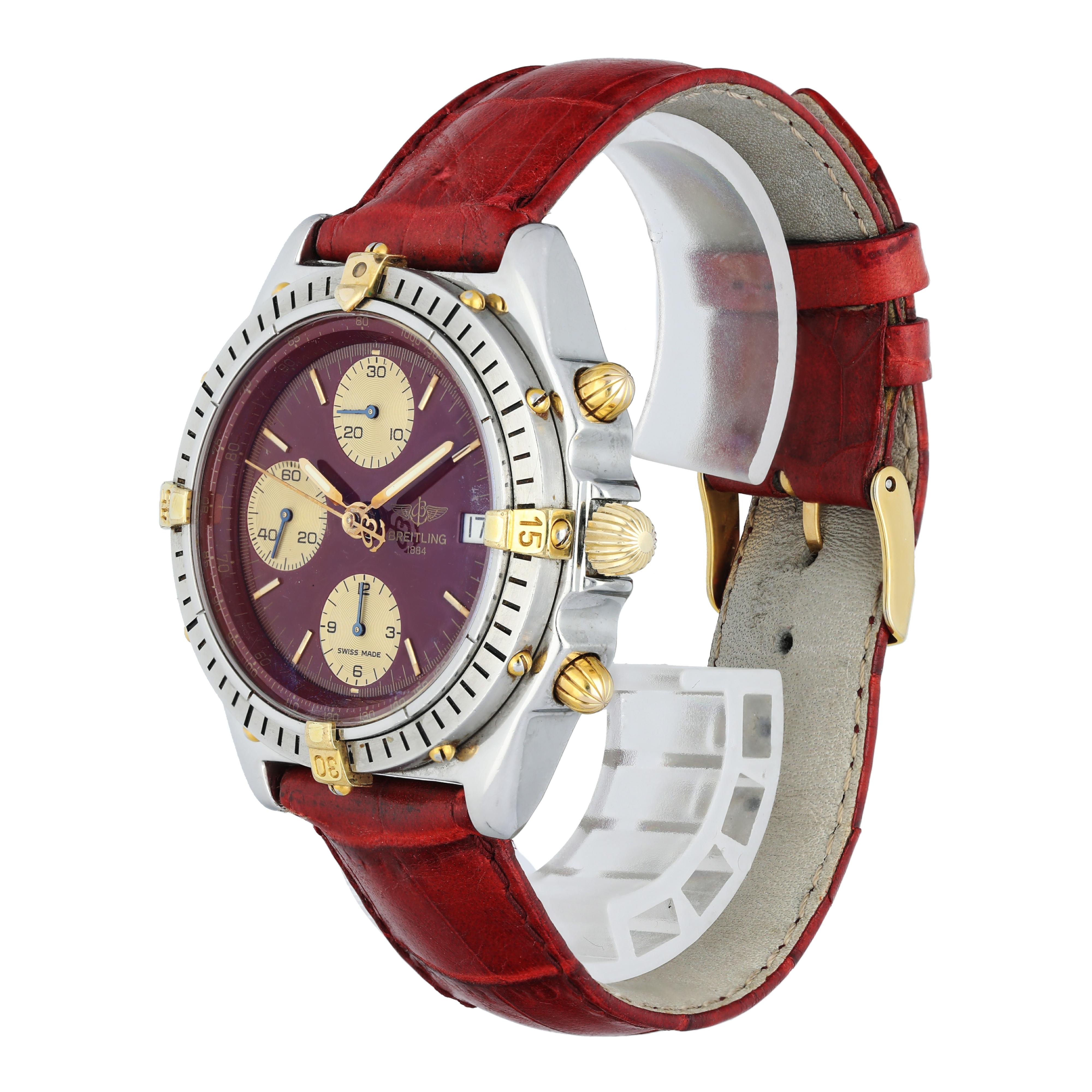 Breitling Chronomat B13048 Bordeaux Dial Men's Watch. 
40mm Stainless Steel case. 
Stainless Steel Unidirectional bezel. 
Red dial with Luminous gold hands and index hour markers. 
Minute markers on the outer dial. 
Date display at the 3 o'clock