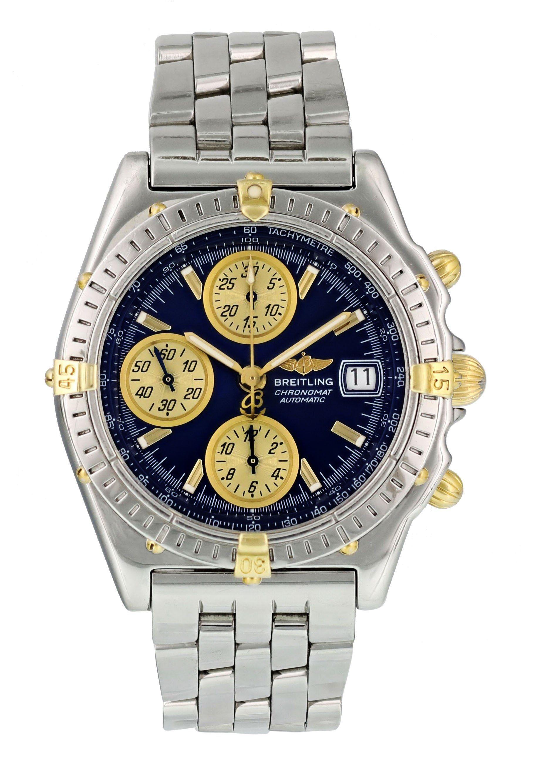 Breitling Chronomat  B13050 Men Watch. 
39mm Stainless Steel case. 
Steel and 18K Gold Unidirectional rotating bezel. 
Blue dial with luminous gold hands and index hour markers. 
Minute markers on the outer dial. 
Date display at the 3 o'clock