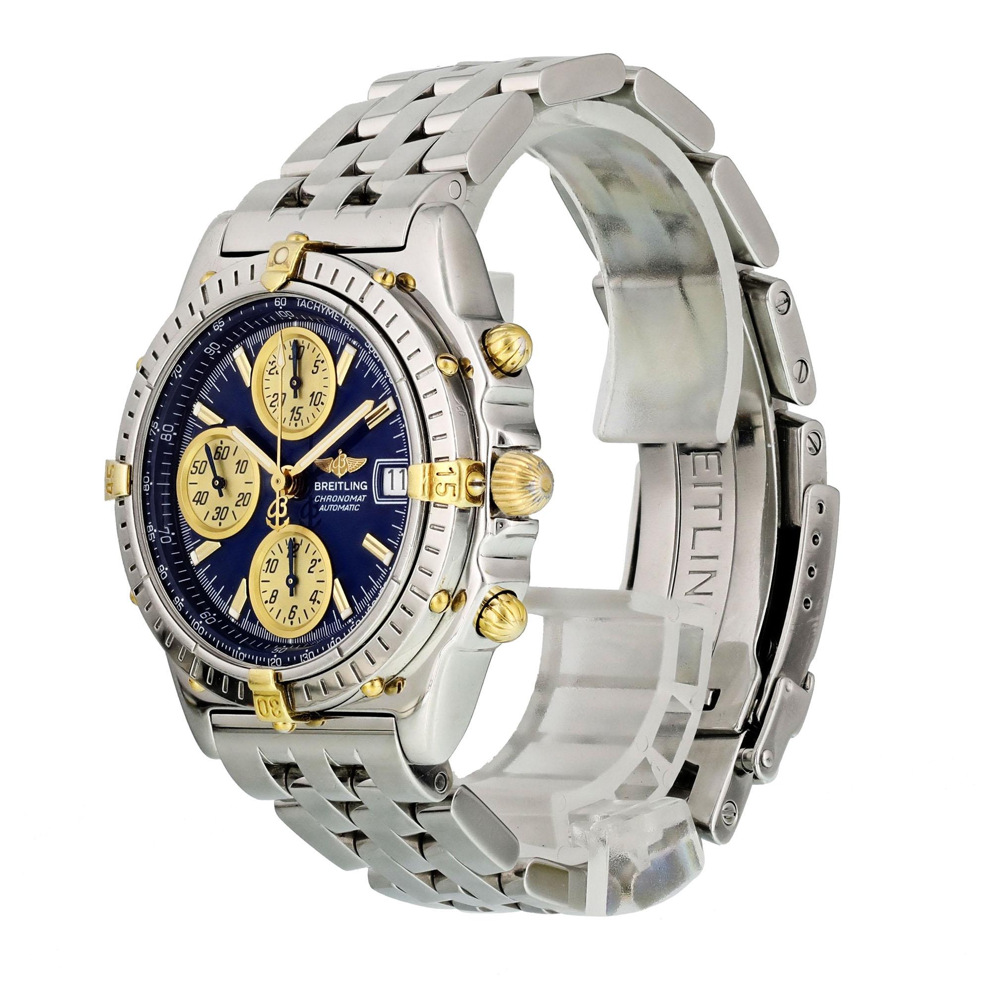 Breitling Chronomat  B13050 Men Watch. 
39mm Stainless Steel case. 
Steel and 18K Gold Unidirectional rotating bezel. 
Blue dial with luminous gold hands and index hour markers. 
Minute markers on the outer dial. 
Date display at the 3 o'clock