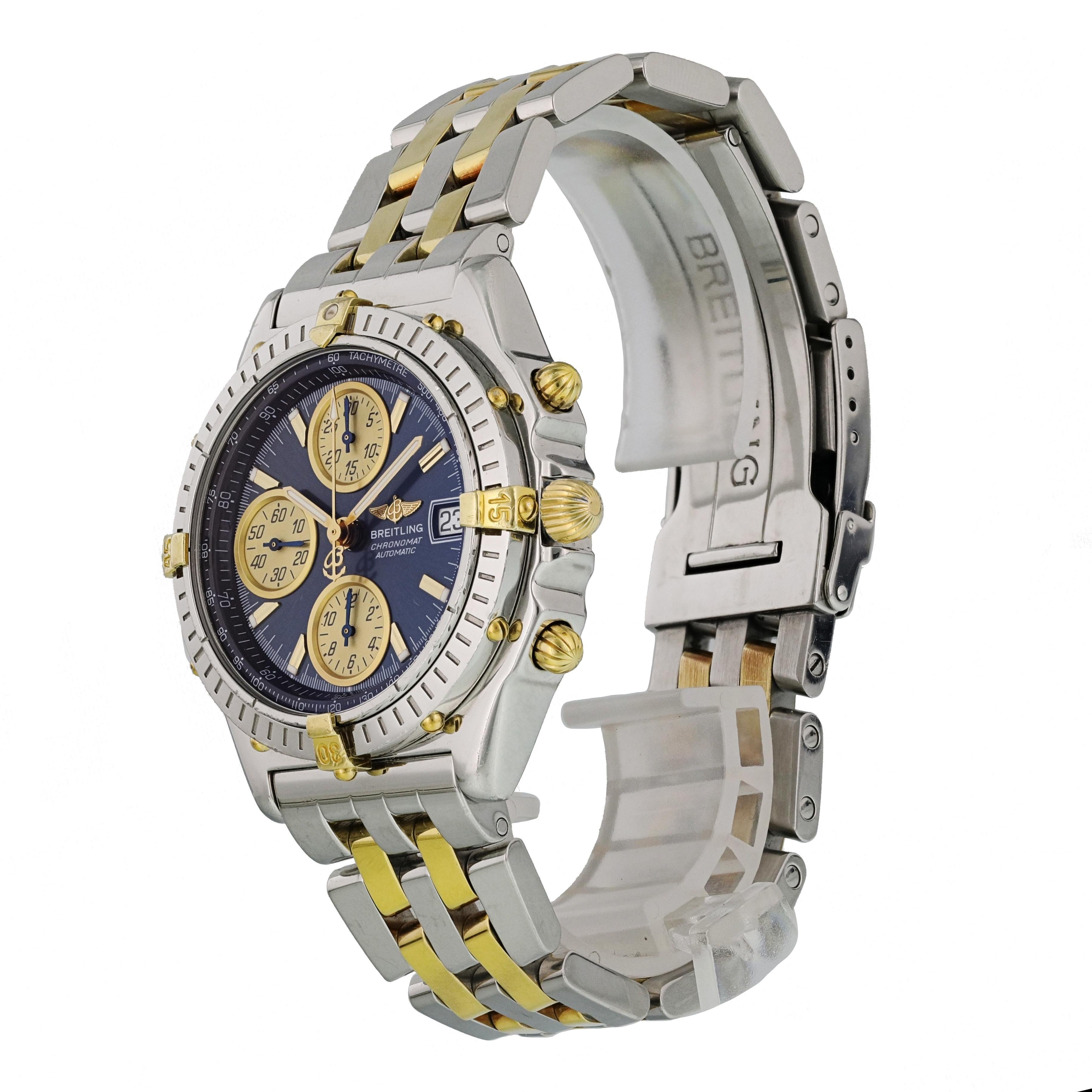 Breitling Chronomat B130501 Men's Watch.
39mm Stainless Steel case. 
Stainless Steel Unidirectional bezel. 
Blue dial with luminous gold hands and index hour markers. 
Minute markers on the outer dial. 
Date display at the 3 o'clock position.