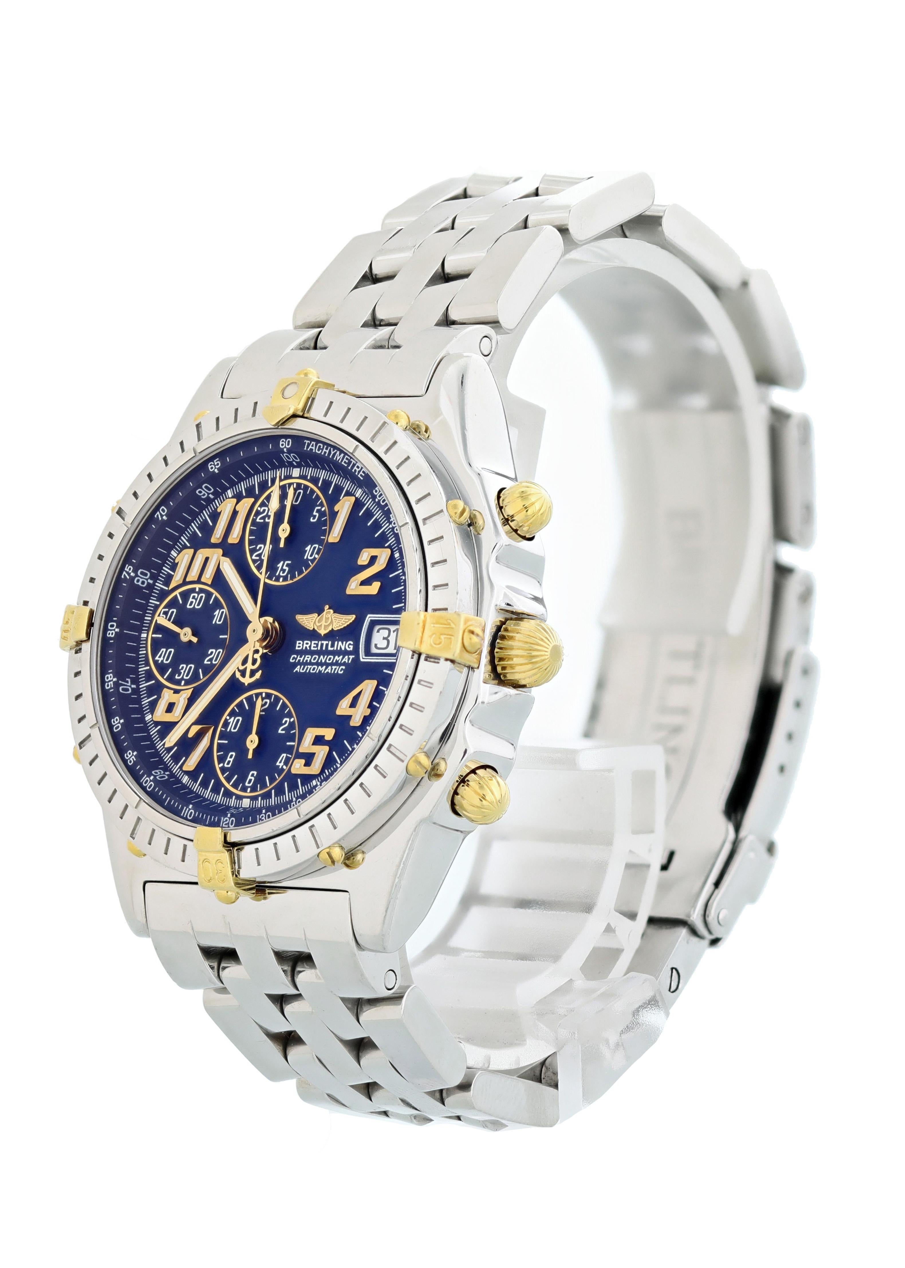 Breitling Chronomat B13050.1 Men watch. 39 Stainless Steel case. Steel and 18K Gold Unidirectional bezel. Blue dial with luminous steel and Arabic numeral hour markers. Minute markers around the outer dial. Date display at the 3'oclock position.