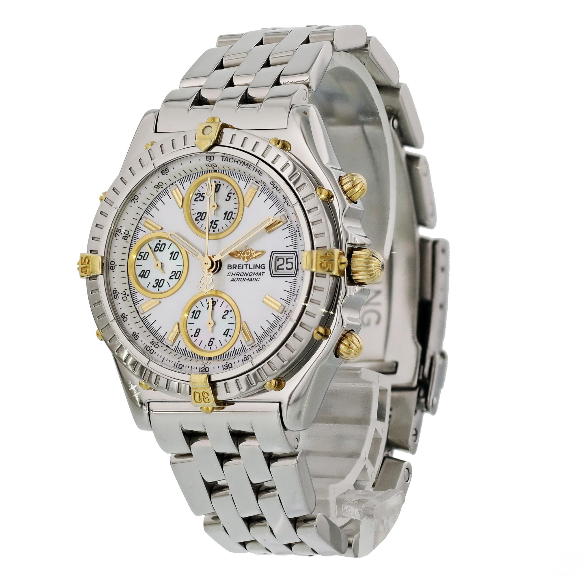 Breitling Chronomat B13050.1 Men's Watch. 
39mm Stainless Steel case. 
Steel and 18K Gold Unidirectional rotating bezel. 
Mother-of-Pearl dial with Luminous Steel hands and index hour markers. 
Minute markers on the outer dial. 
Date display at the