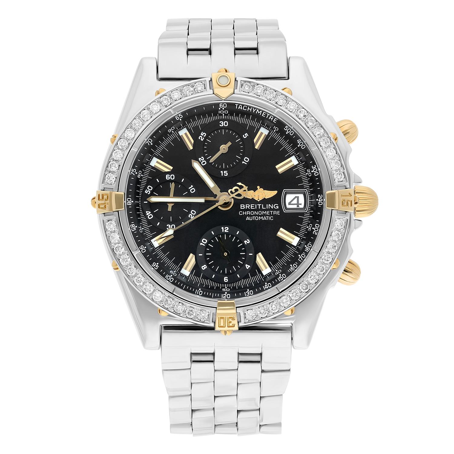 Brand: Breitling 
Series: Chronomat  
Model: B13352
Case Diameter: 39 mm
Bracelet: Stainless steel
Bezel: YG, Custom diamond set
Dial: Black dial
The sale includes a jewelry watch box and an appraisal certificate which states the watch's