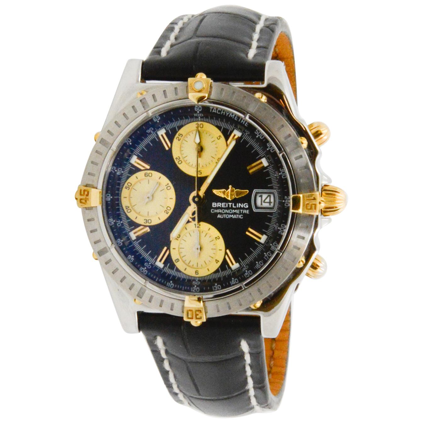 This CPO circa 2007 Breitling Chronomat Steel 40mm timepiece has a black dial with three gold subdials, date and steel bezel with four gold markers. The watch measures at 20mmx18mm. It is paired with a crocodile strap with white stitching, steel